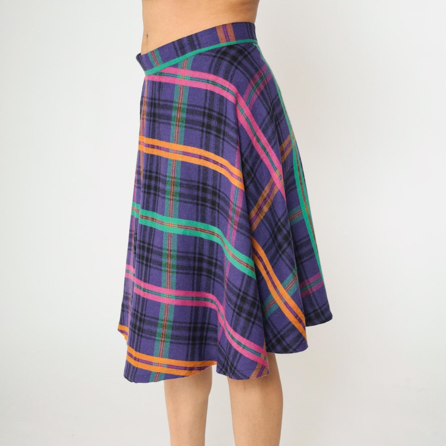 90s Purple Plaid Midi Skirt High Waisted Checkered School Girl Medium M