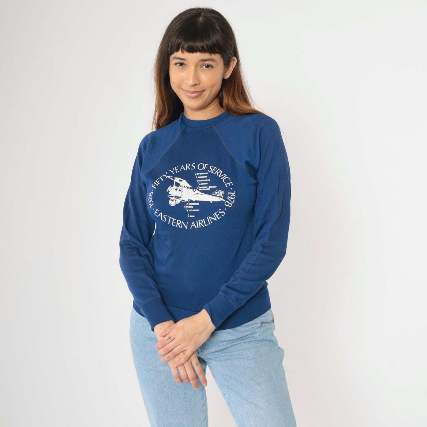 70s Eastern Airlines Sweatshirt Blue Airplane Graphic Raglan Crewneck Extra Small