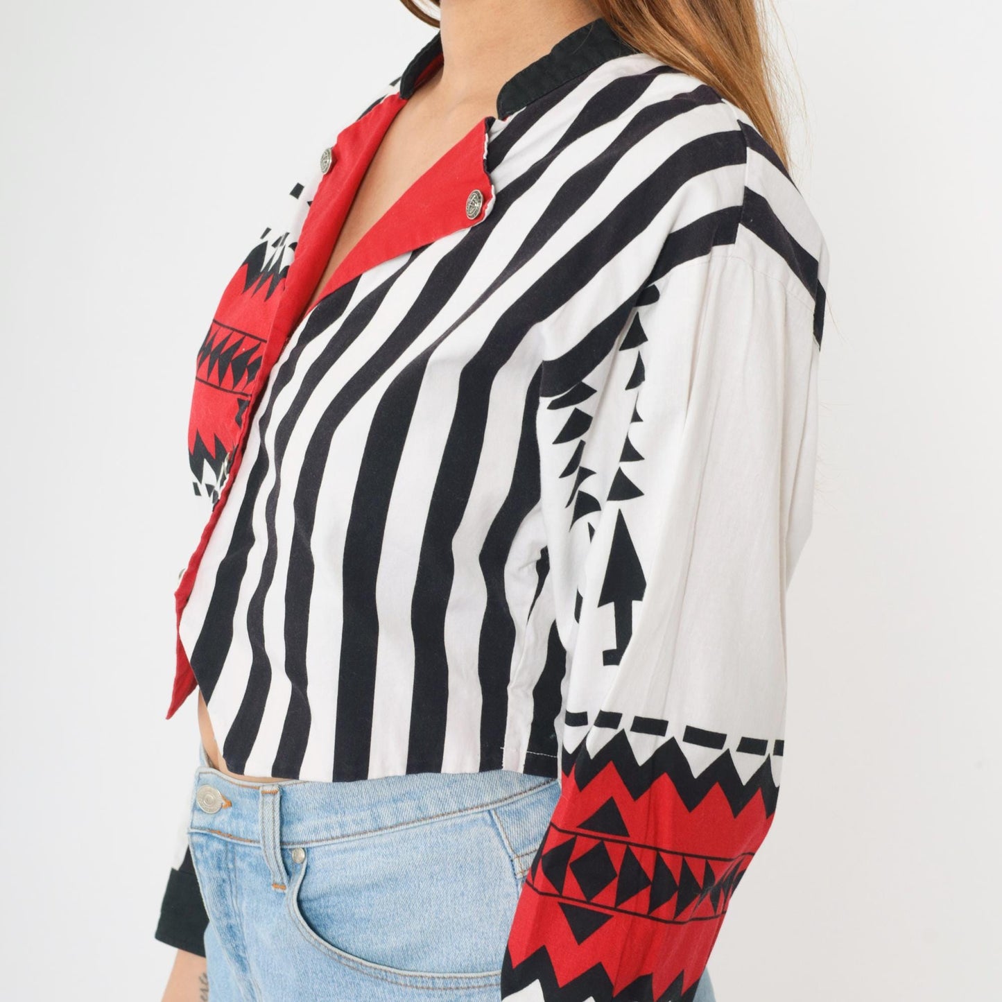 90s Mo Betta Western Crop Top Long Sleeve Button Up Red White Black Striped Medium