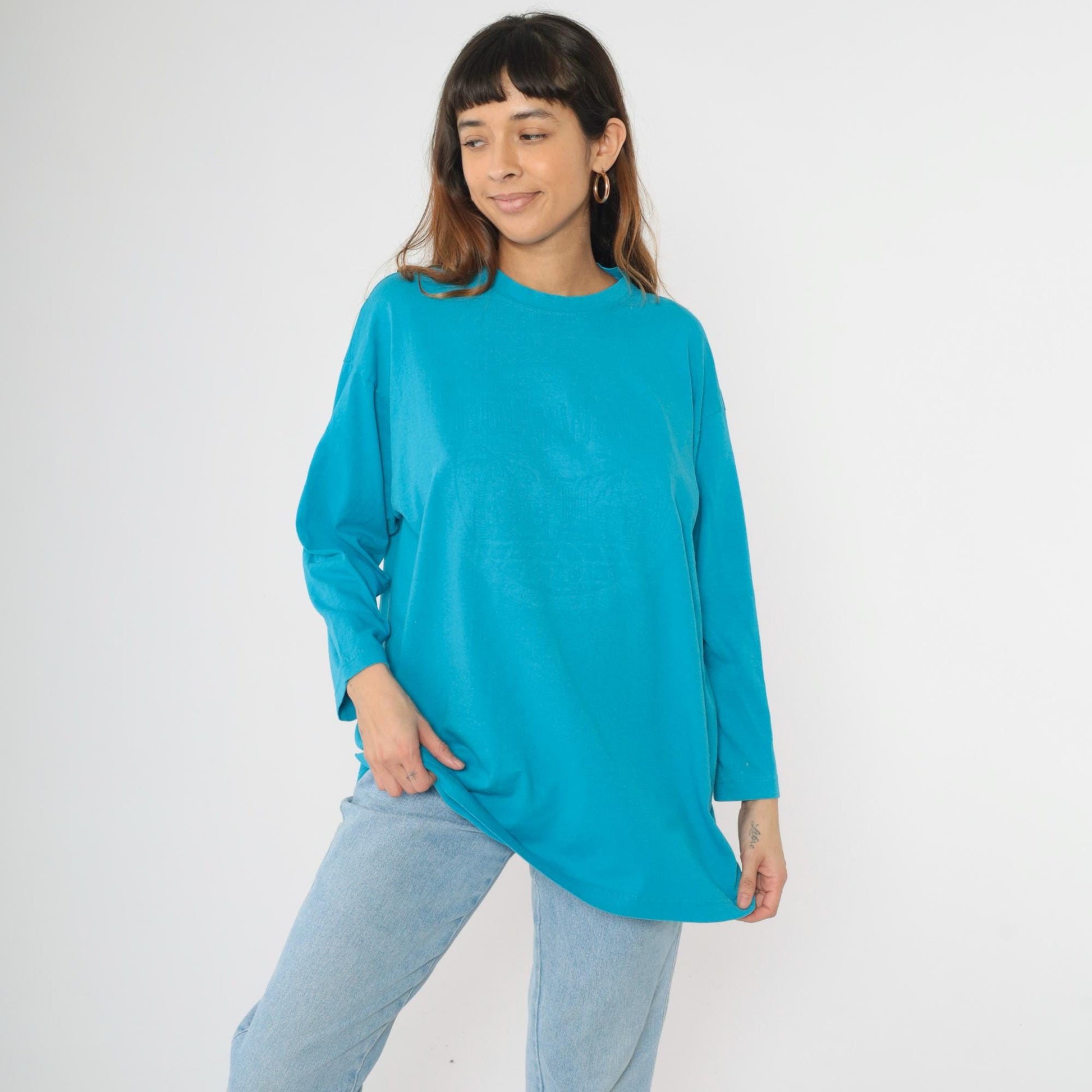 90s Hollywood Los Angeles Embossed Graphic Long Sleeve Tee Turquoise Extra Large XL
