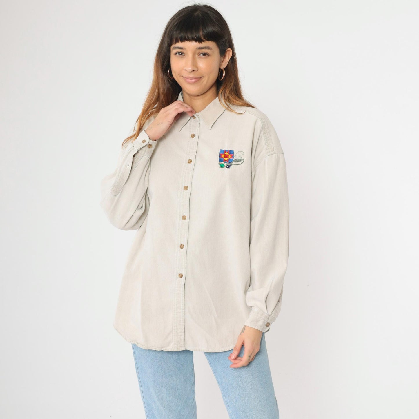 90s Three Rivers Beige Denim Shirt Quilting Embroidery Button Up Extra Large XL