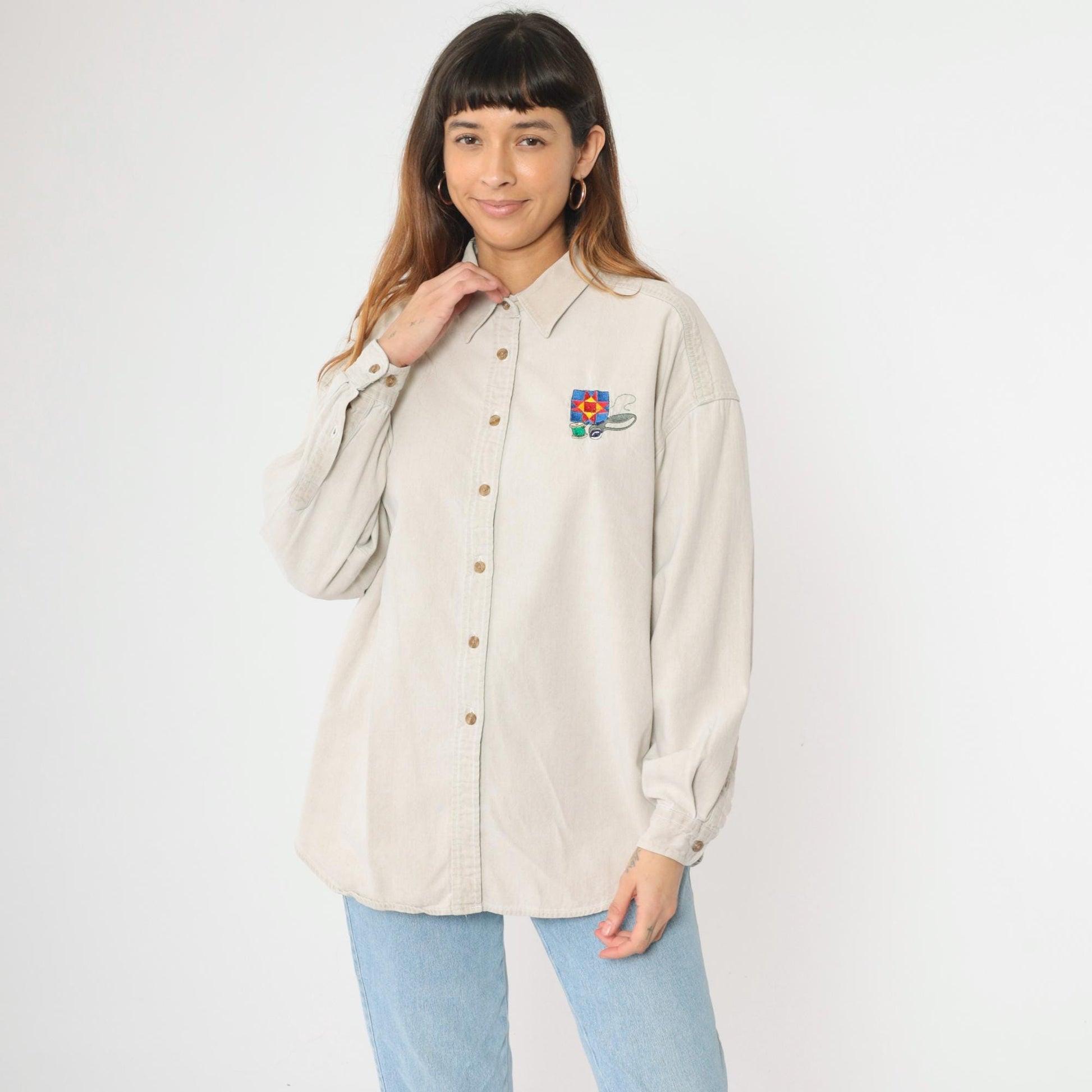 90s Three Rivers Beige Denim Shirt Quilting Embroidery Button Up Extra Large XL