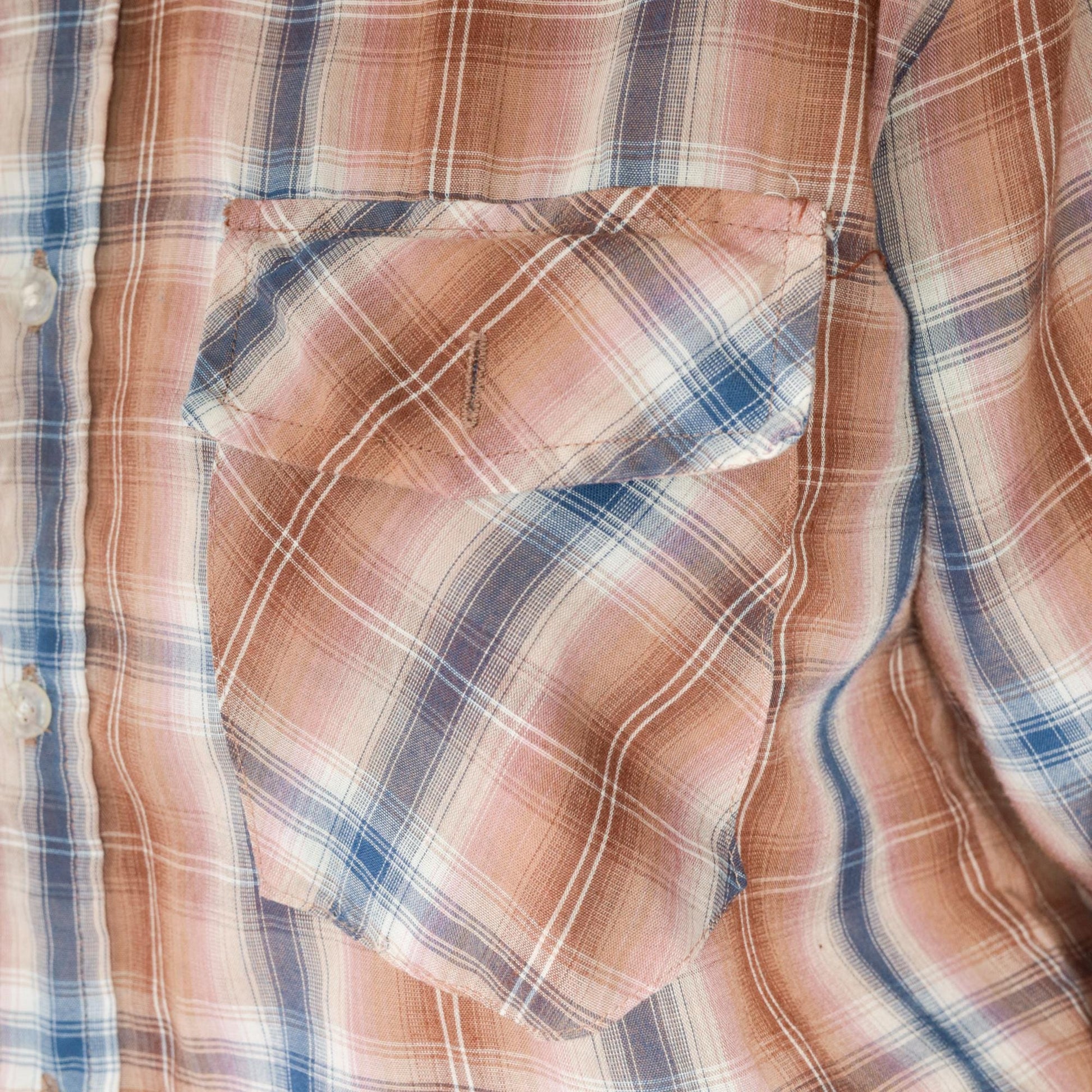 80s Tan Blue Pink Plaid Button Up Shirt Long Sleeve Men's Medium