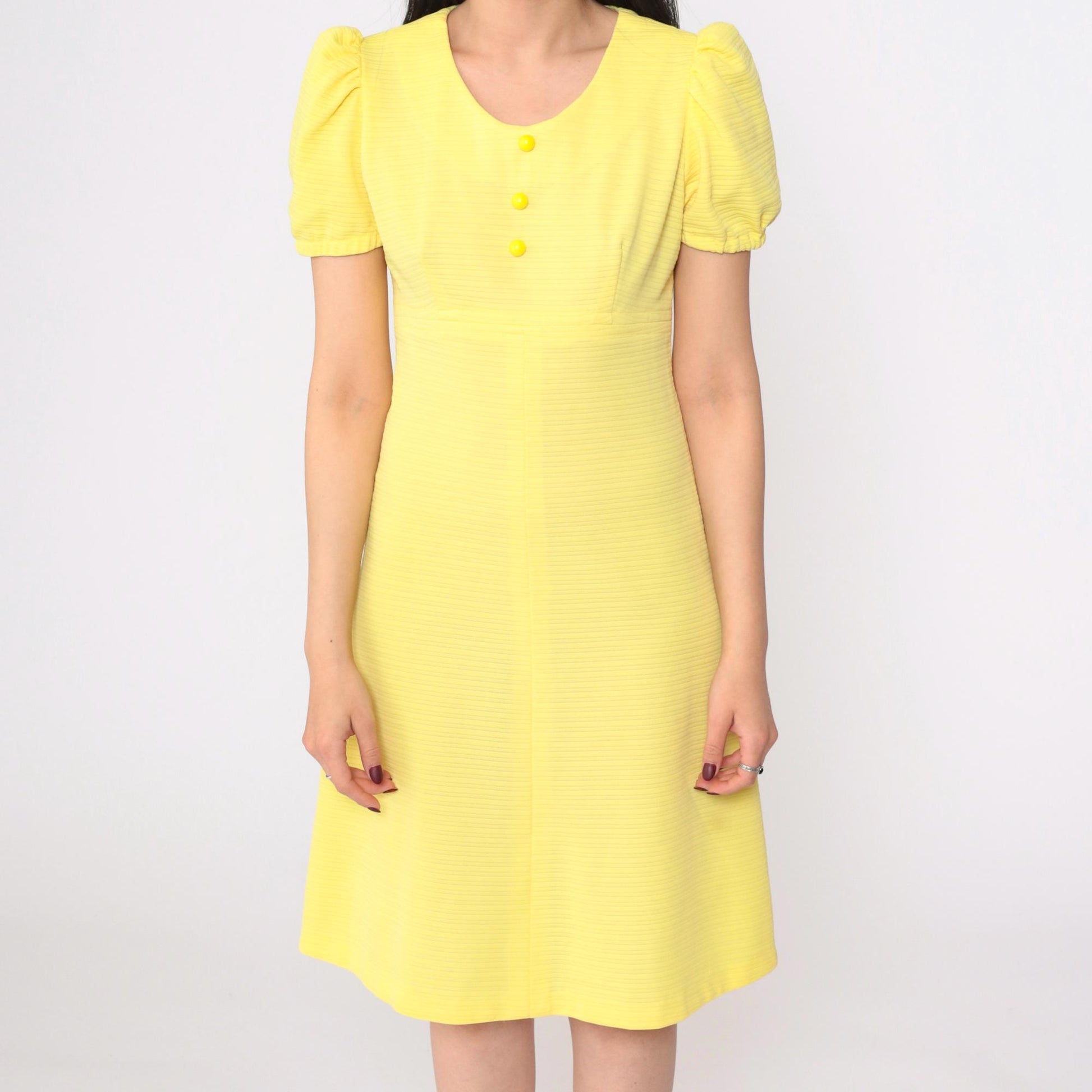 70s Yellow Babydoll Dress Empire Waist Puff Sleeve Mini Scoop Neck Small