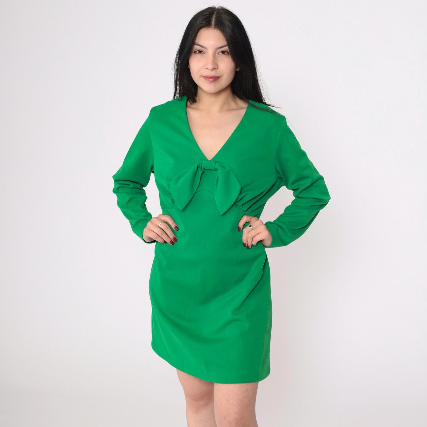 70s Green Babydoll Mini Dress Keyhole Back Empire Waist Long Sleeve Large