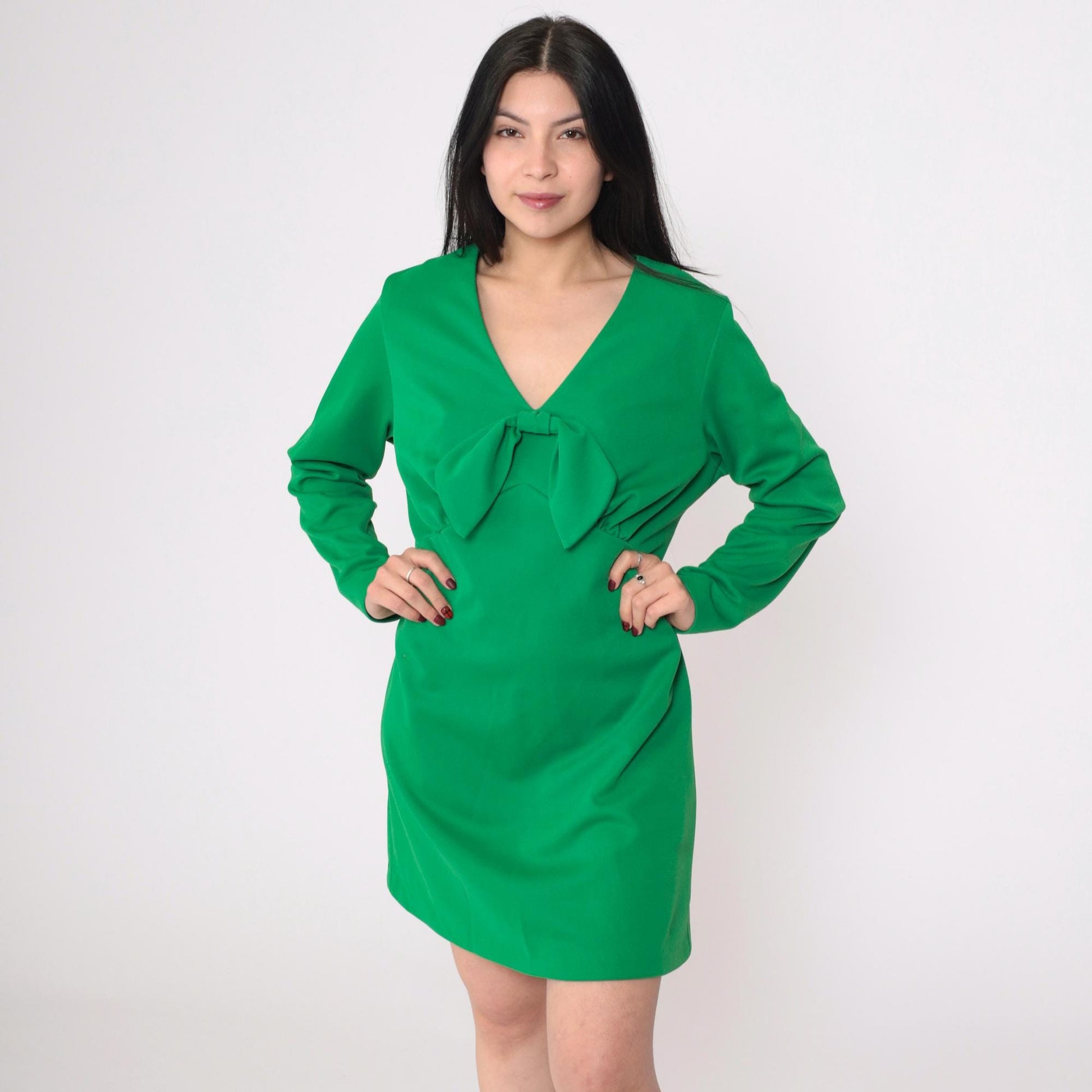 70s Green Babydoll Mini Dress Keyhole Back Empire Waist Long Sleeve Large