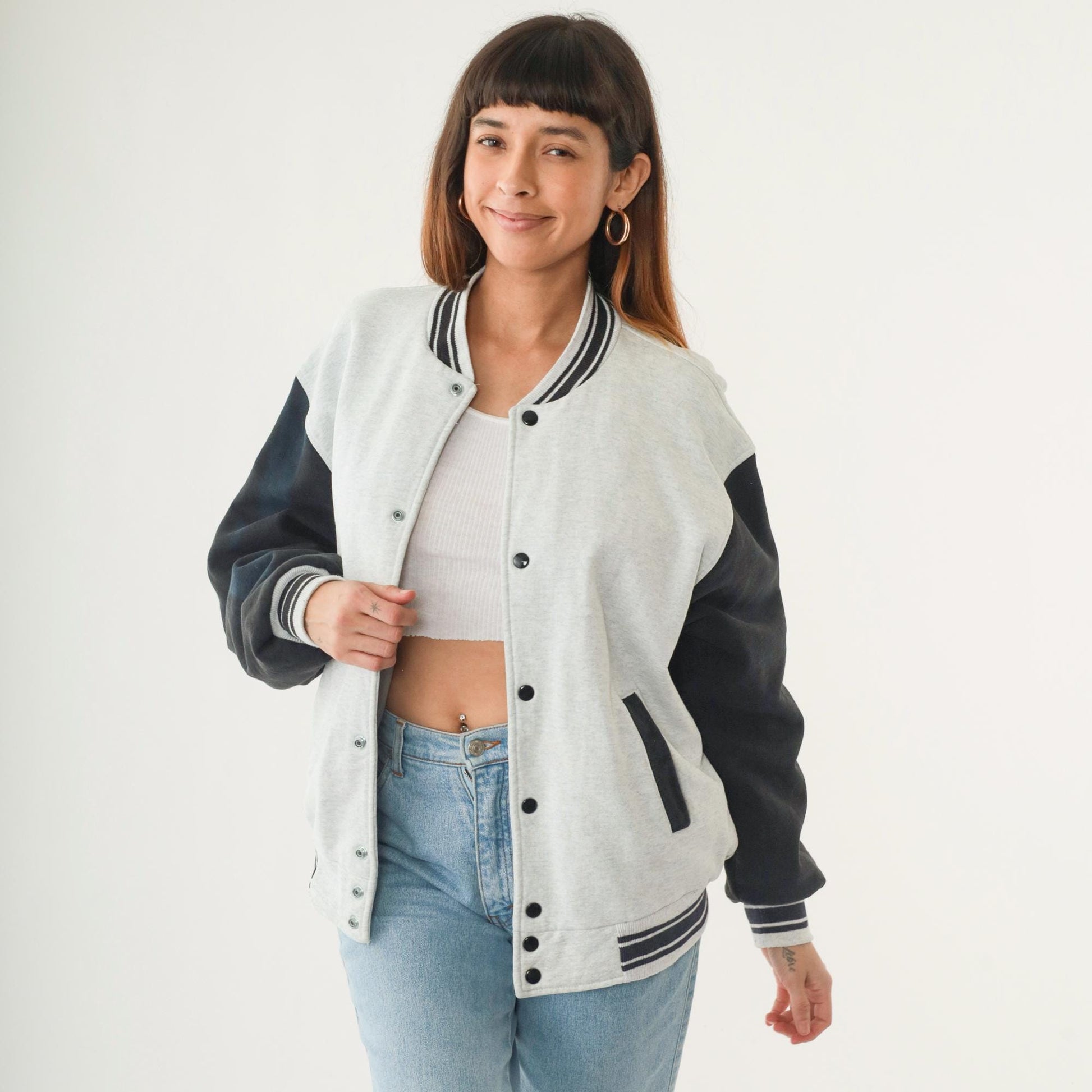 90s Dog Graphic Bomber Jacket Heather Grey Black Striped Snap Up Large L