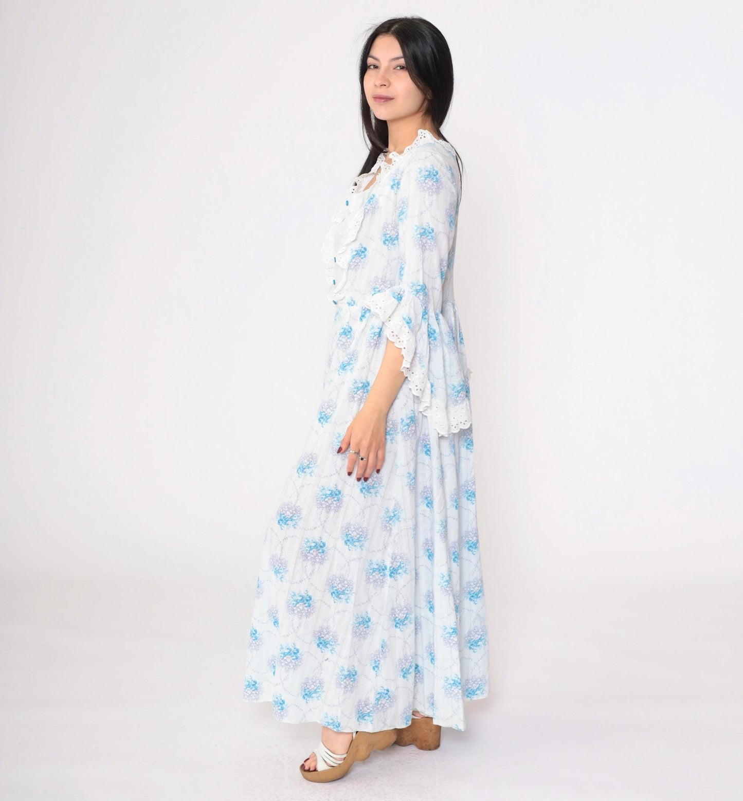 70s Floral Prairie Maxi Dress White Blue Bell Sleeve High Waist Lace Bib Medium Large