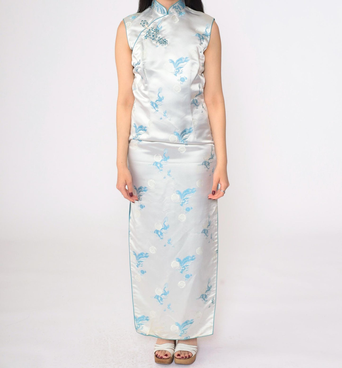 80s Light Blue Satin Cheongsam Maxi Dress Dragon Peacock Brocade Mandarin Collar Small S
