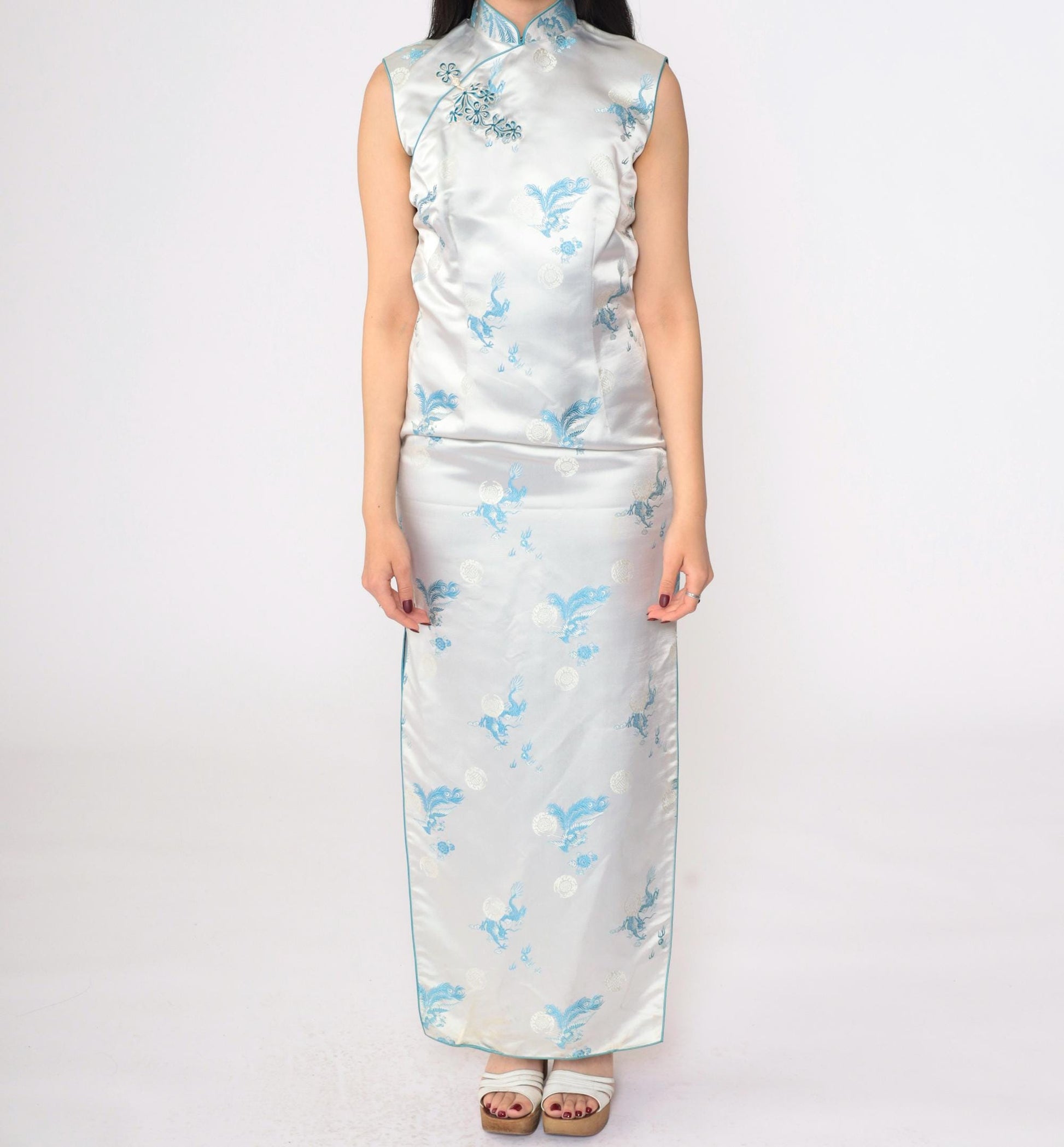 80s Light Blue Satin Cheongsam Maxi Dress Dragon Peacock Brocade Mandarin Collar Small S