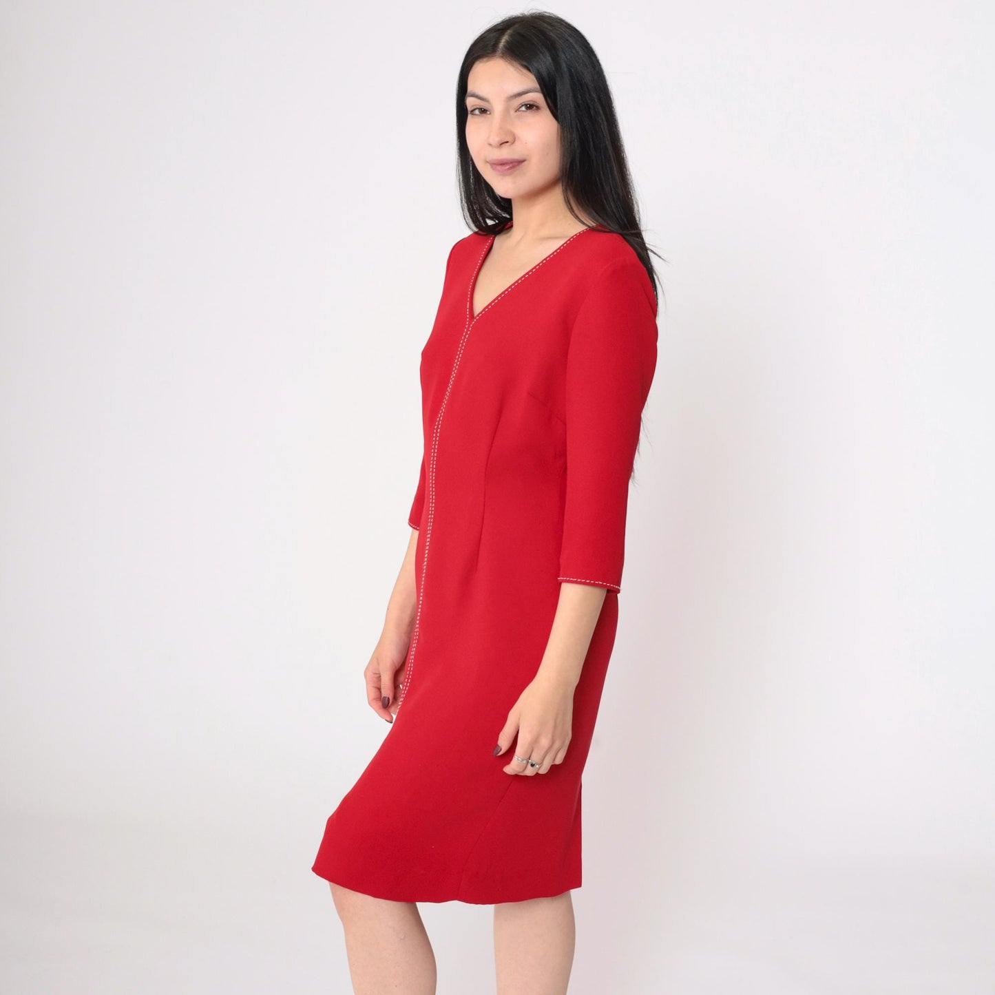 90s David Warren Red Sheath Dress V-Neck Decorative Stitching Small Petite