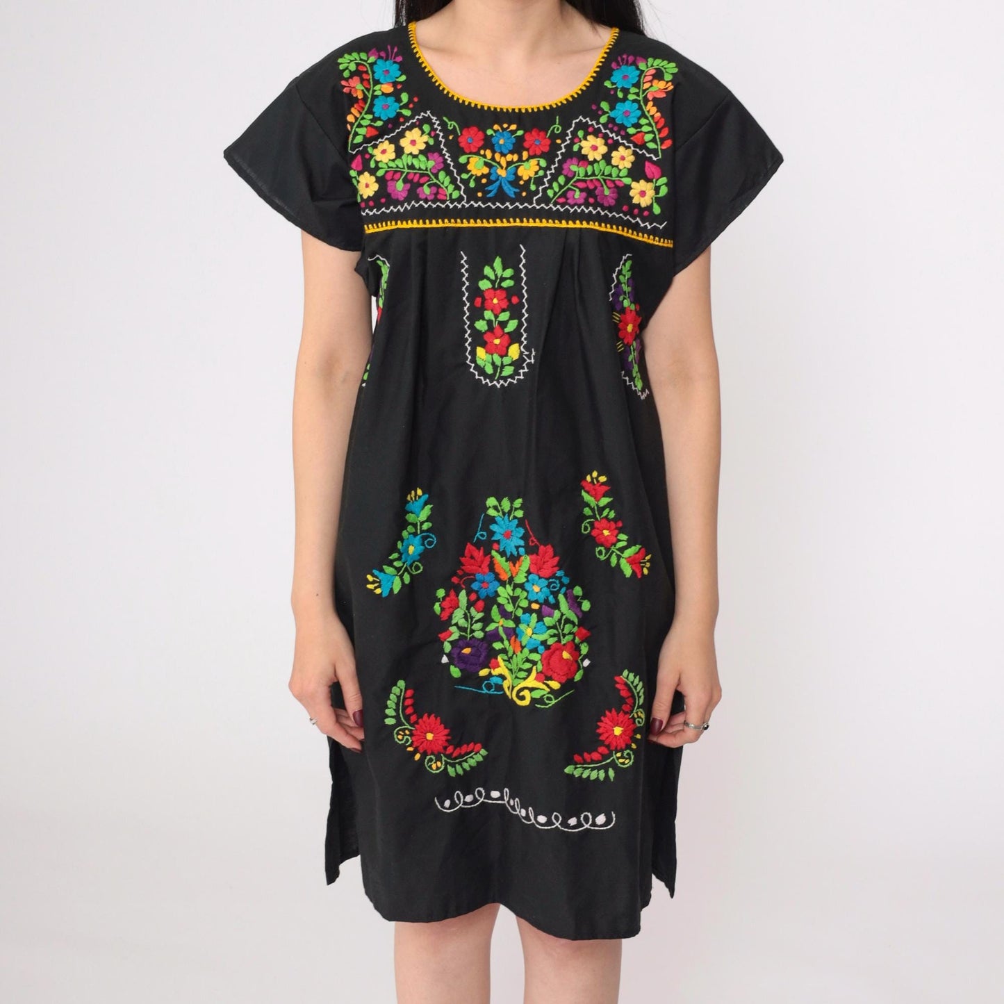 90s Black Mexican Embroidered Cotton Tunic Mini Dress Floral Small