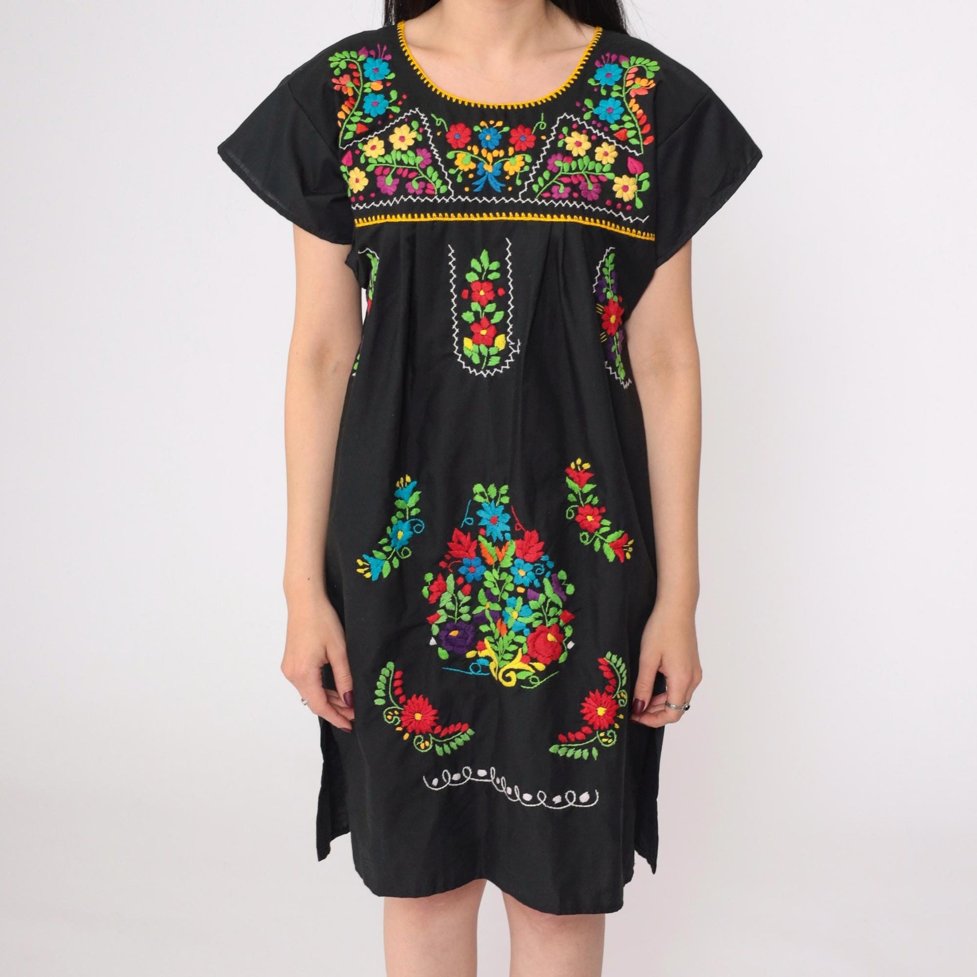 90s Black Mexican Embroidered Cotton Tunic Mini Dress Floral Small