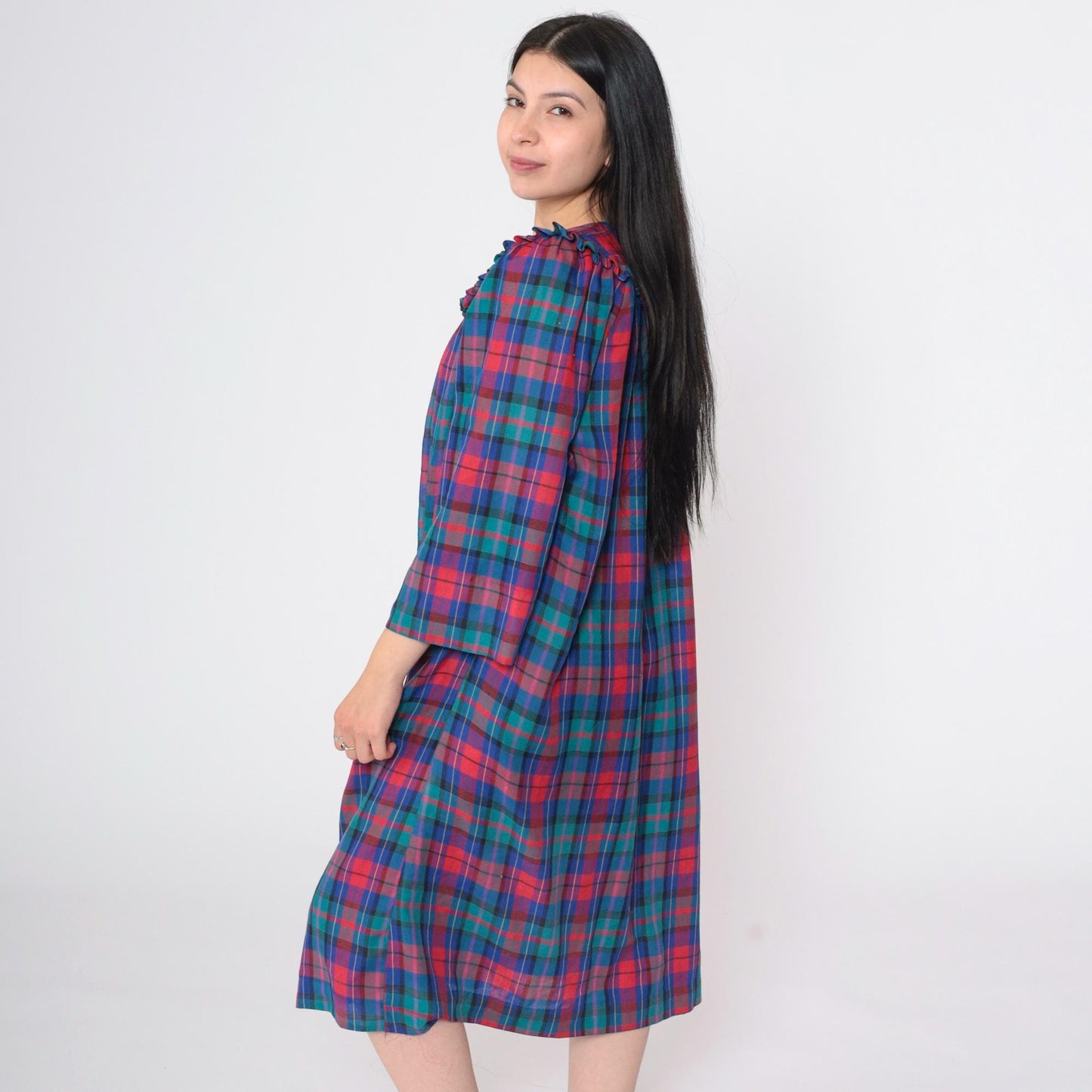 80s Plaid Button-Up Nightgown Red Blue Green Ruffled Yoke Long Sleeve Large