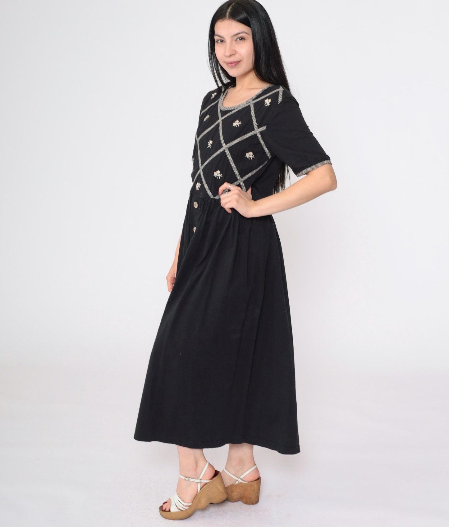 90s Black Floral Embroidered Cotton Maxi Dress Gingham Lattice Short Sleeve Small