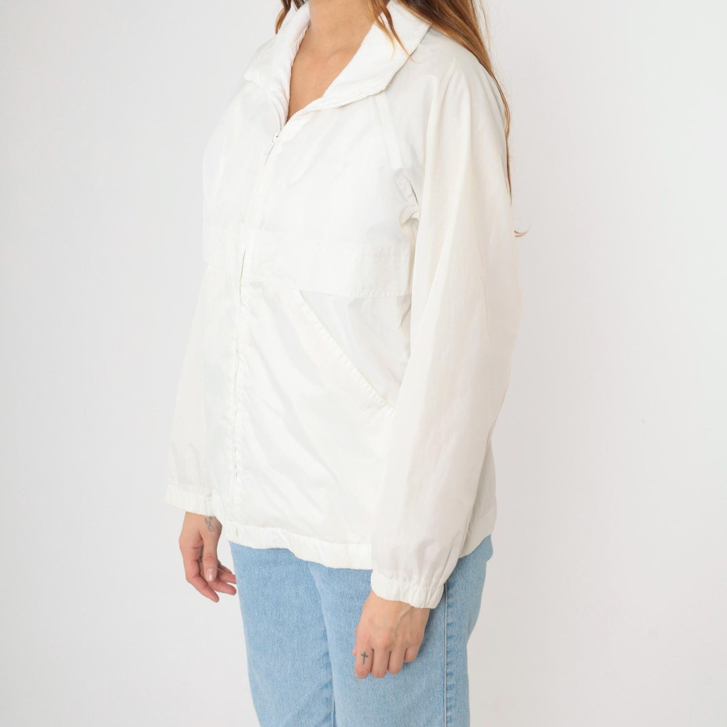 80s White Nylon Windbreaker Jacket Zip Up Raglan Sleeve Small S