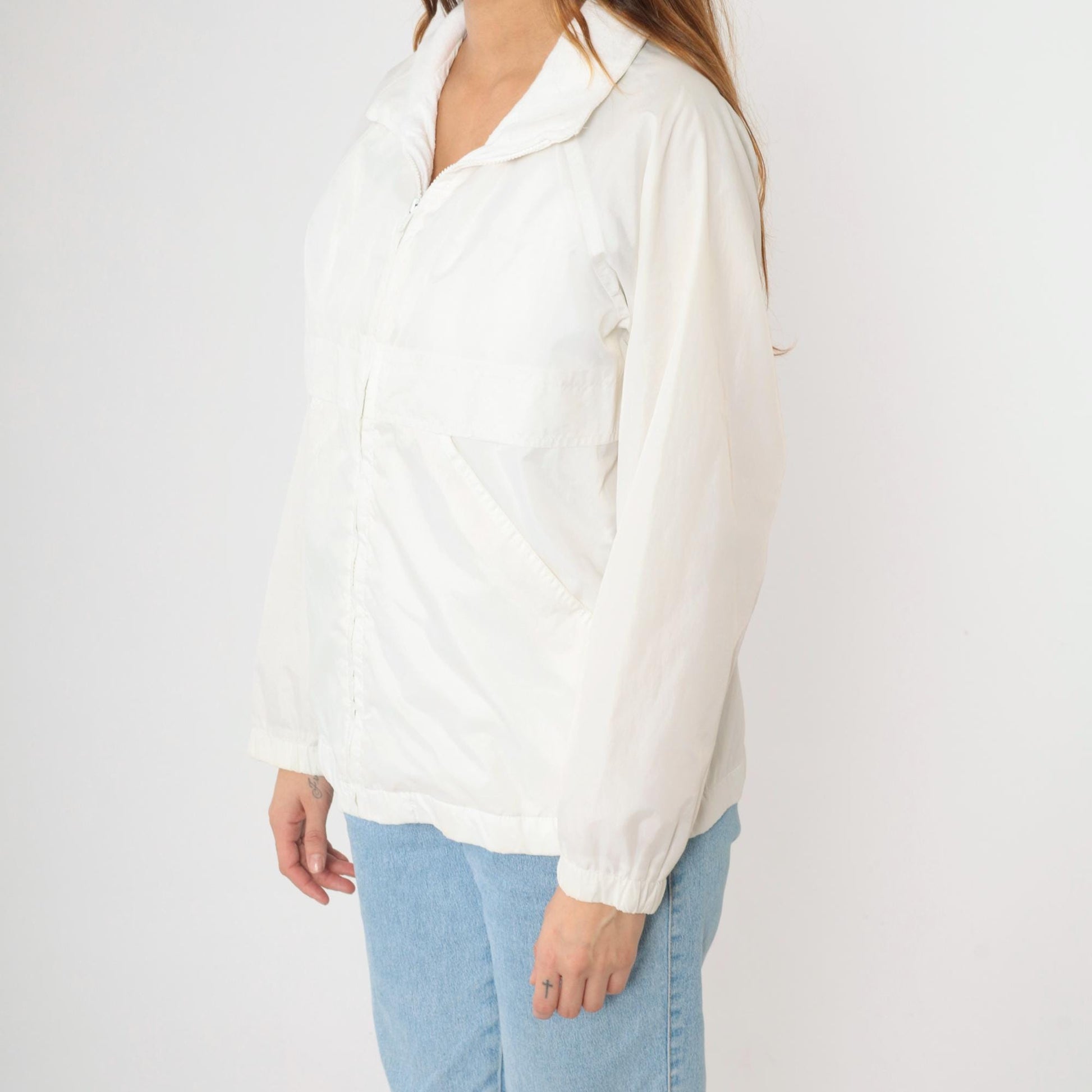 80s White Nylon Windbreaker Jacket Zip Up Raglan Sleeve Small S