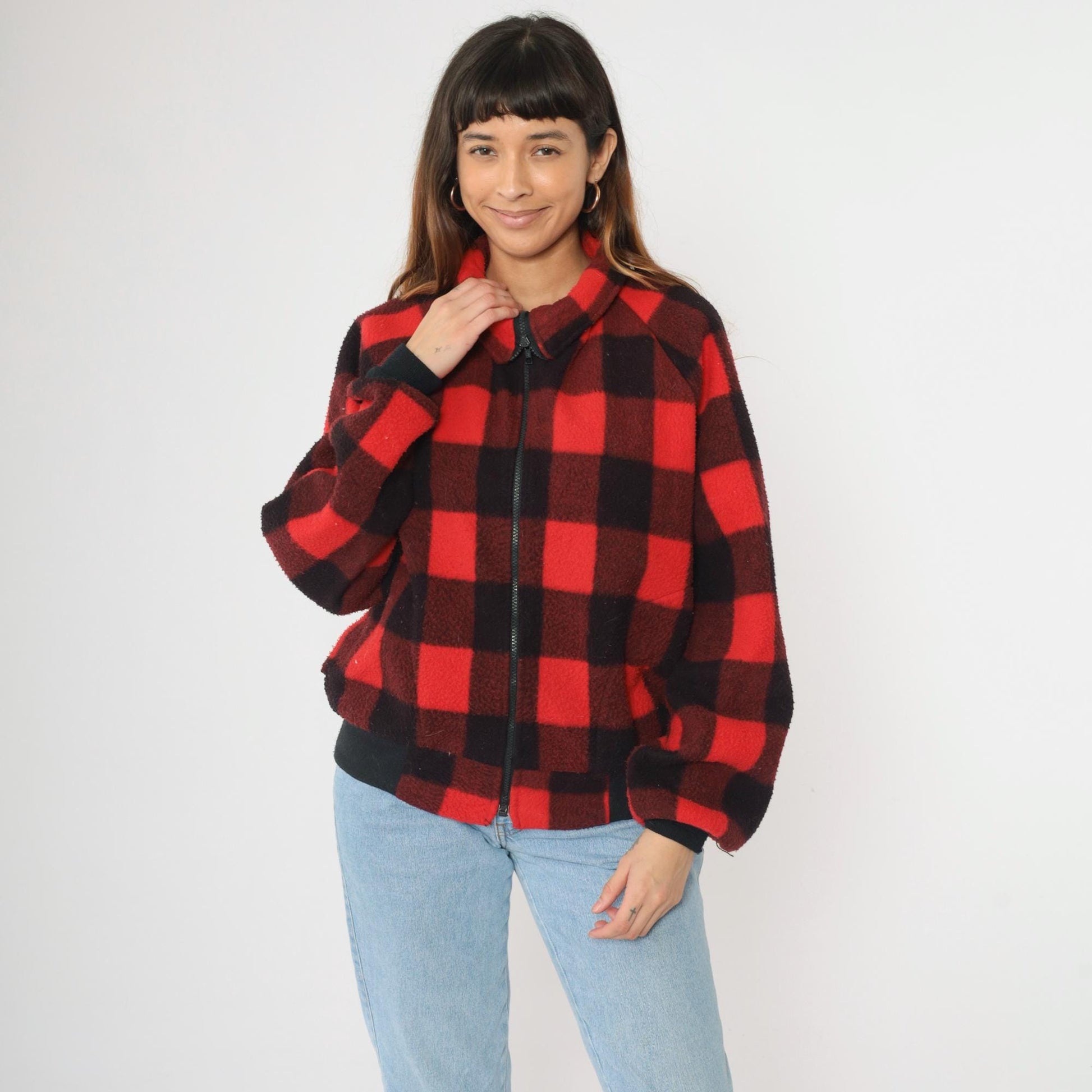 90s Buffalo Plaid Polar Fleece Zip Jacket Red Black Check Medium