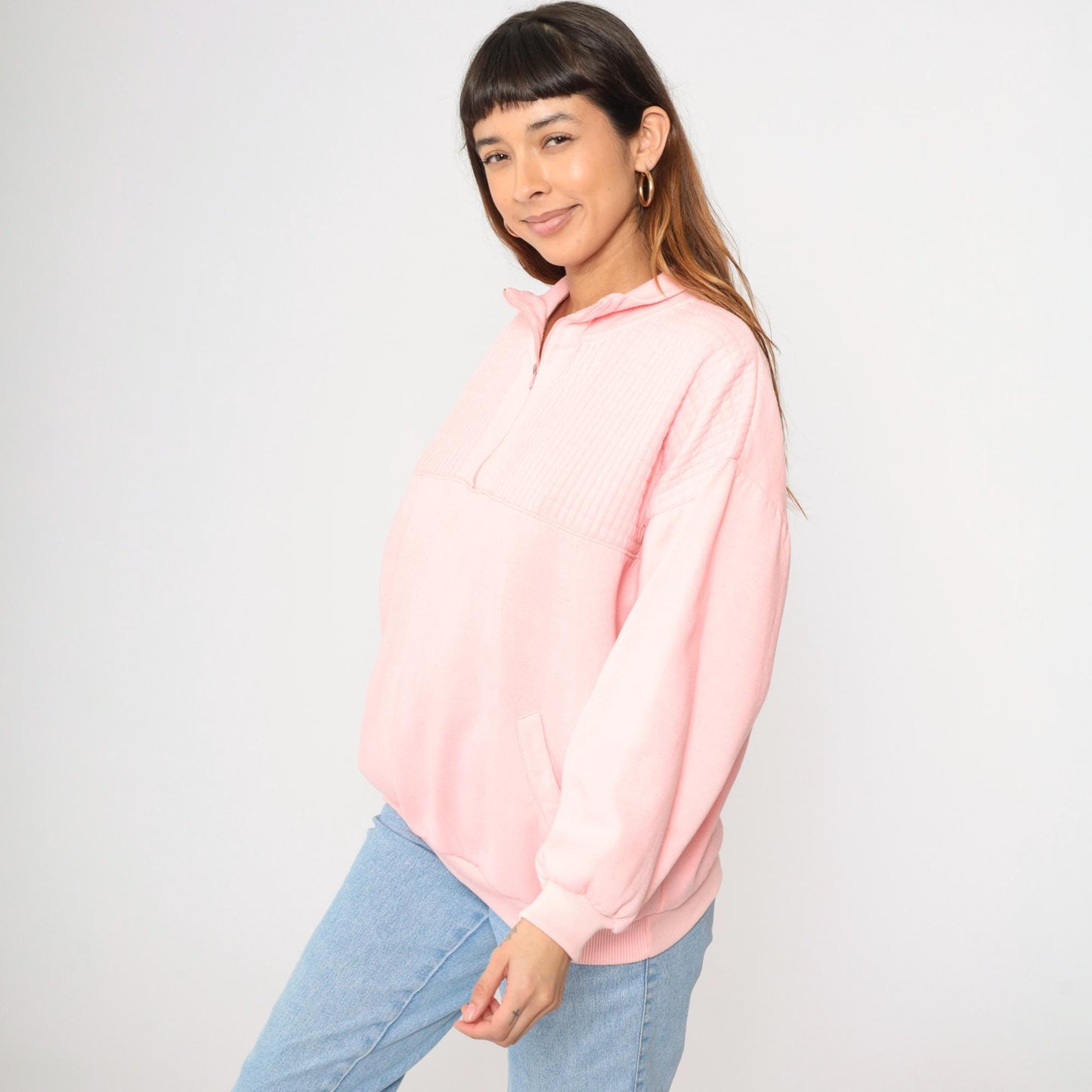 90s Pink Quarter Zip Sweatshirt Collared Pullover Blank Extra Large XL