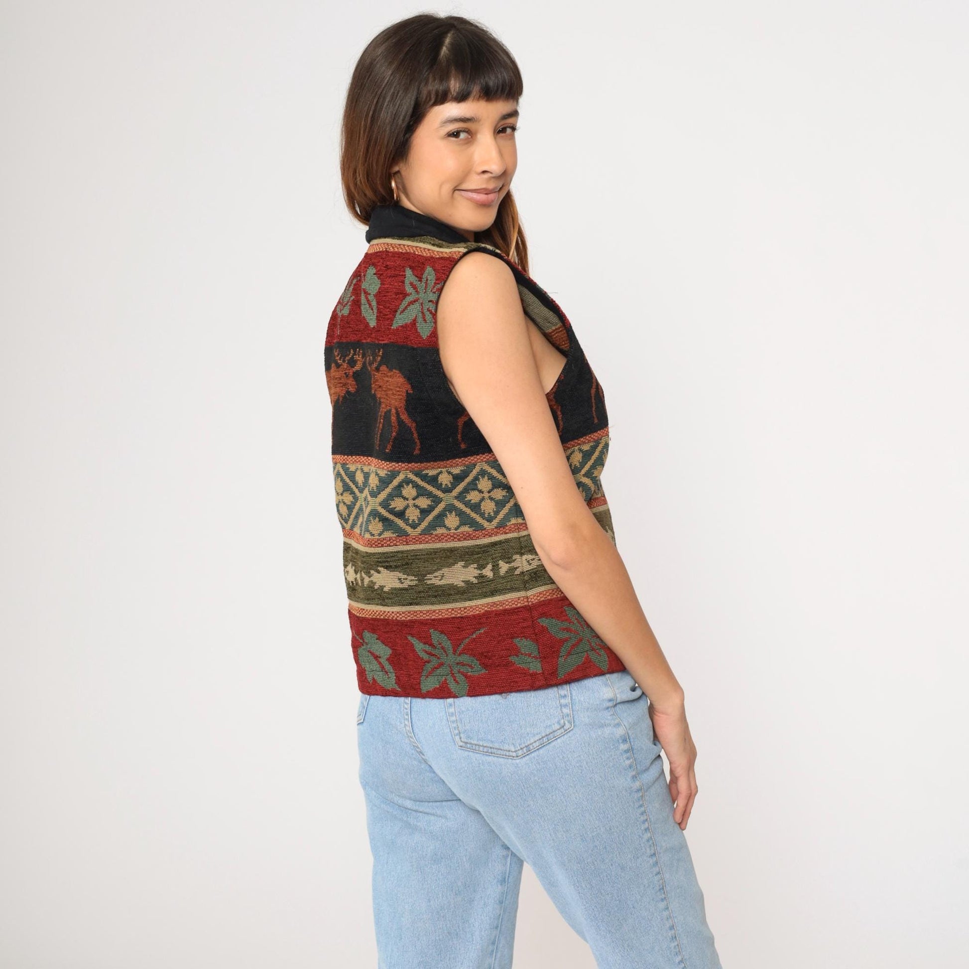 Y2K Coldwater Creek Tapestry Vest Moose Leaves Button-Up Medium