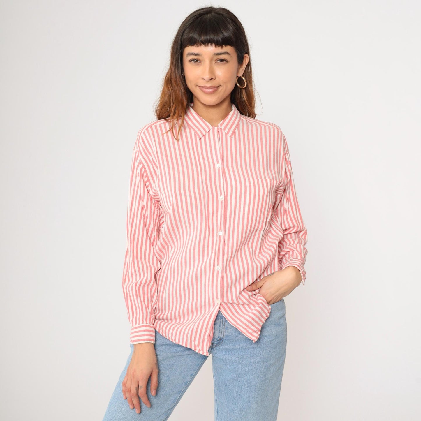 90s Gap Pink Striped Rayon Blouse Long Sleeve Button Up Chest Pocket Medium