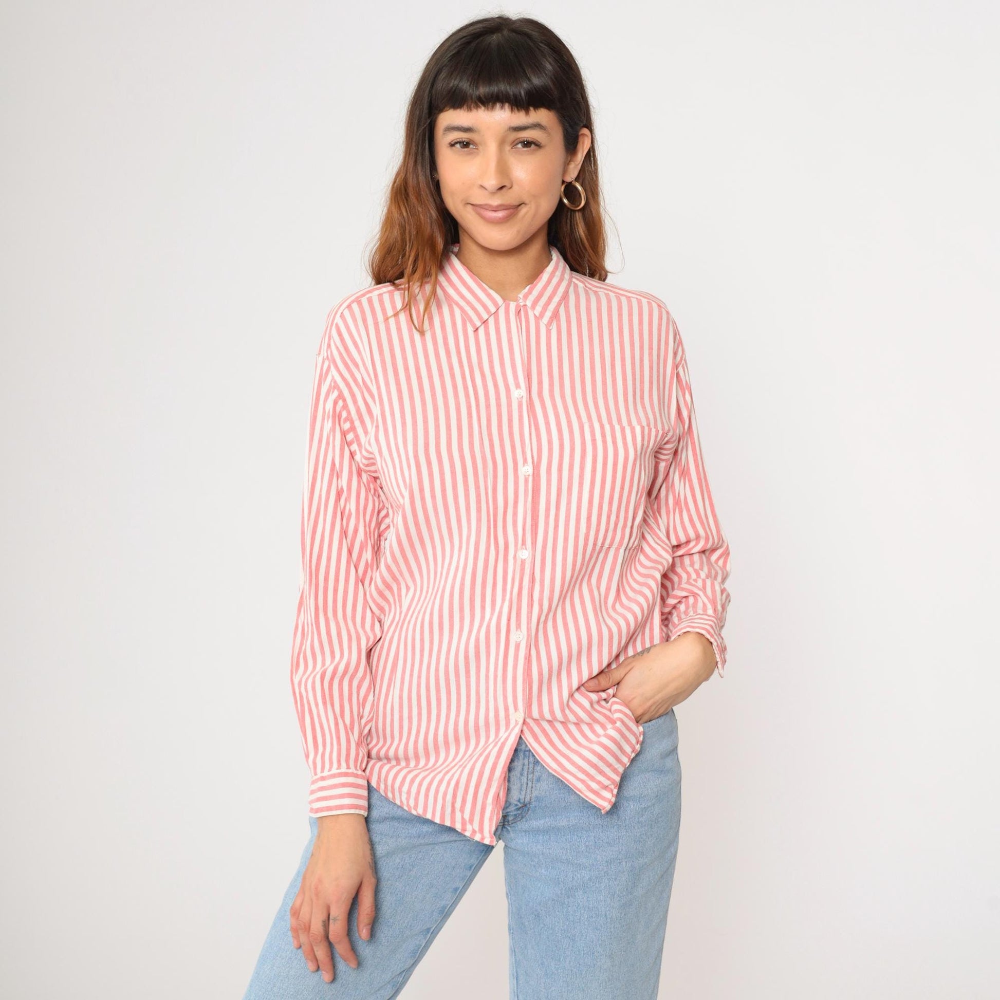 90s Gap Pink Striped Rayon Blouse Long Sleeve Button Up Chest Pocket Medium