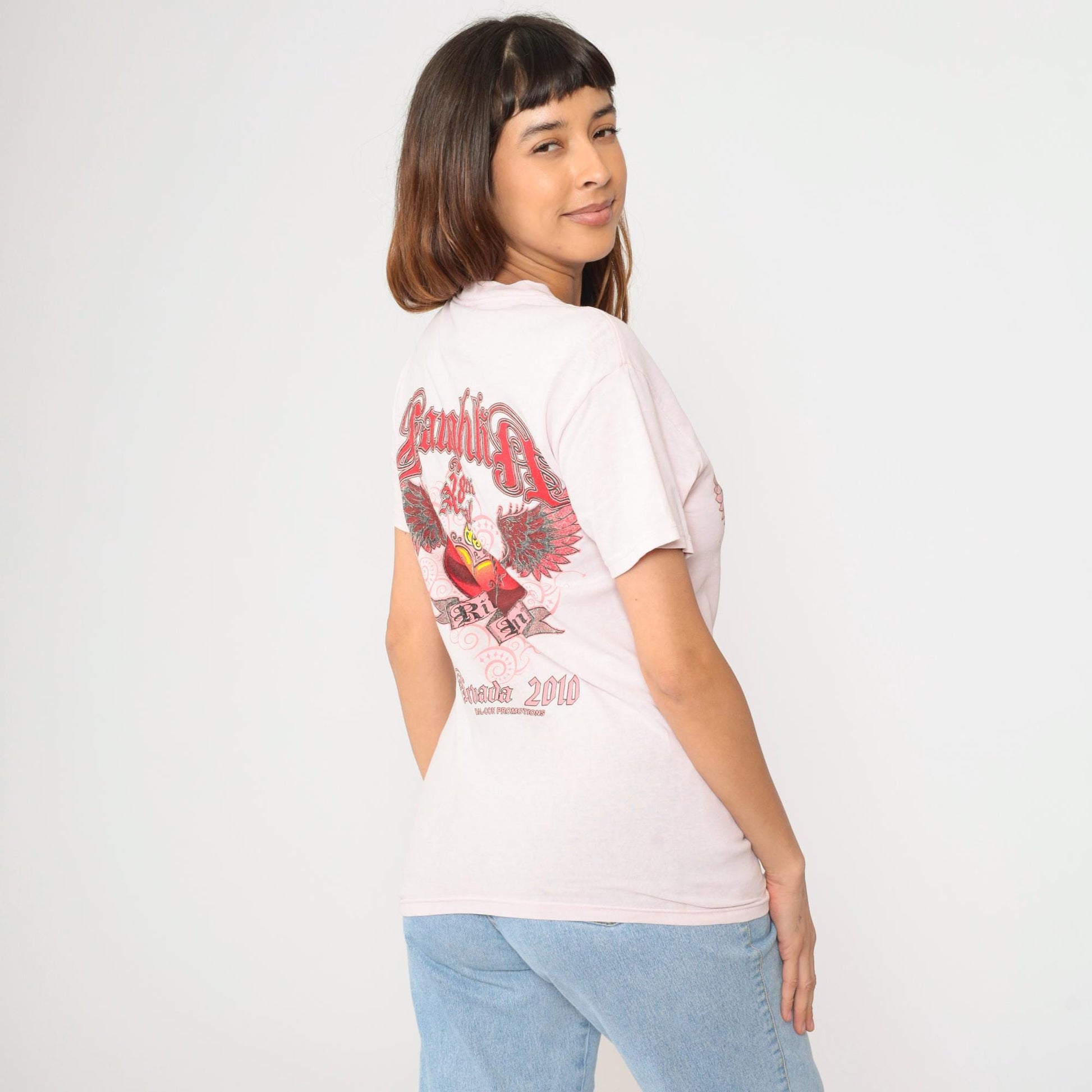Laughlin River Run Winged Heart Flame Graphic T-Shirt Pink Small S
