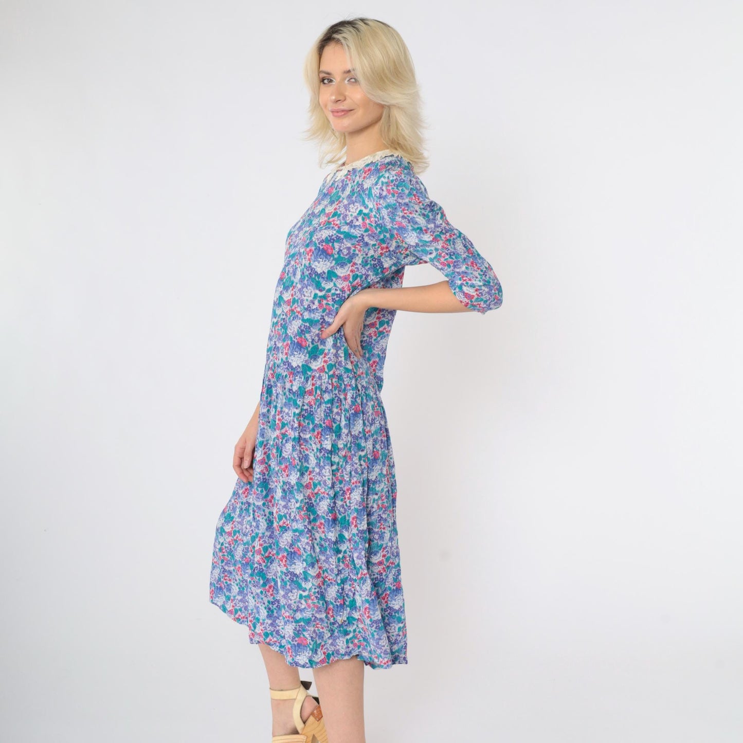 80s Floral Midi Dress Multicolor Puff Sleeve Lace Collar Drop Waist Medium
