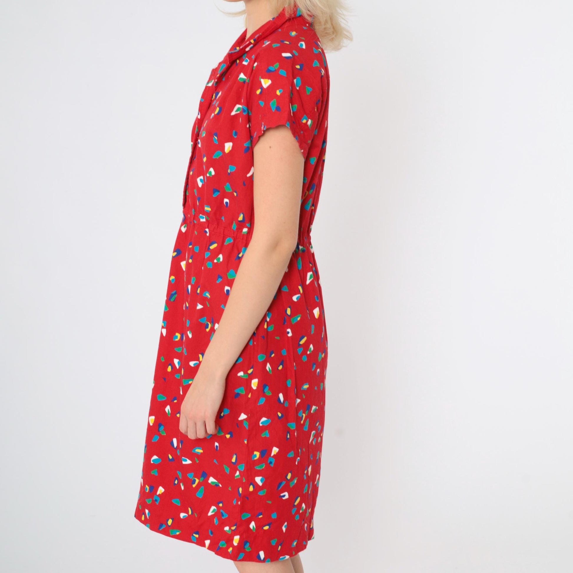 80s Red Confetti Print Midi Shirtdress Button Up High Waist Cap Sleeve Small