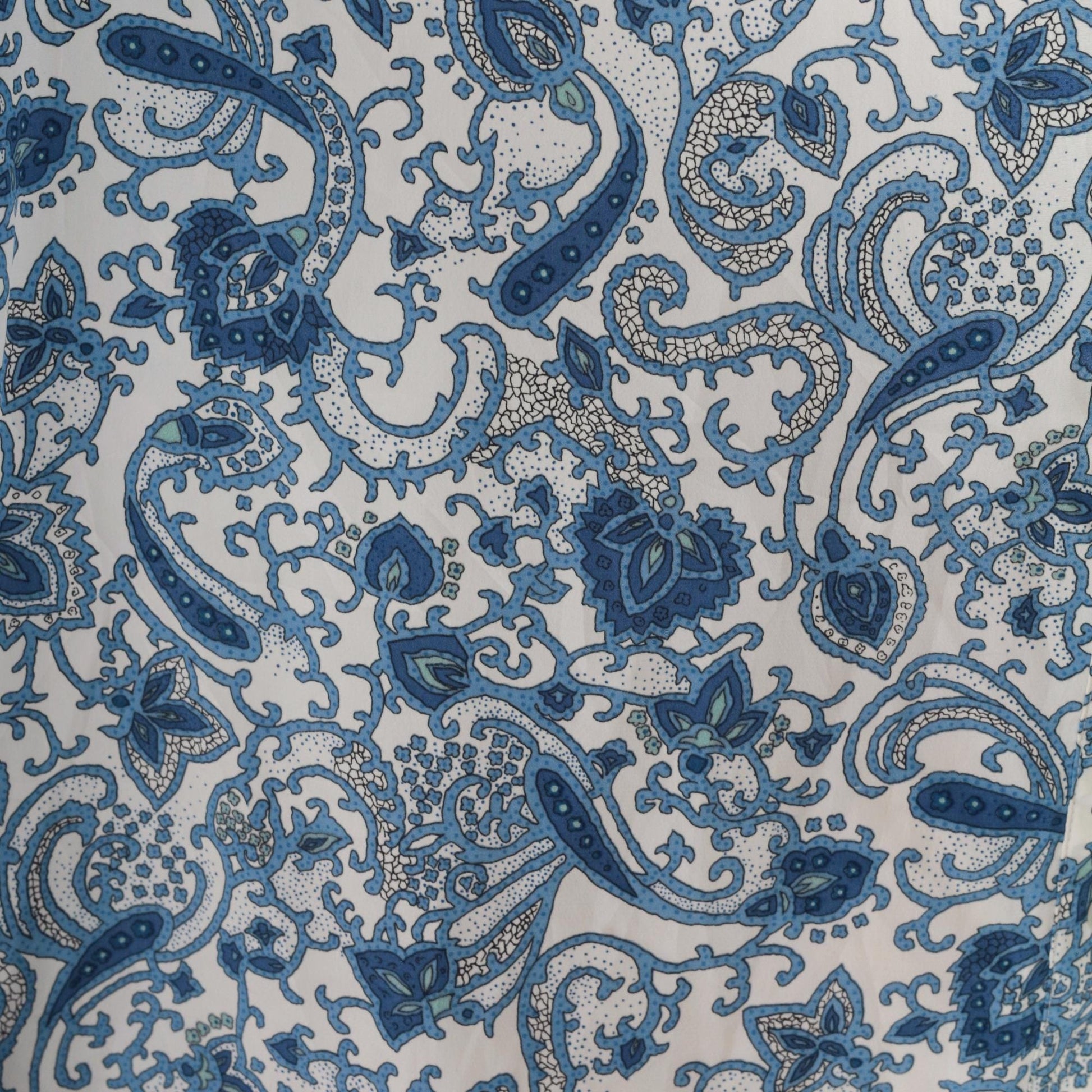 90s Blue Paisley Button-Up Blouse White Long Sleeve Collared Extra Large