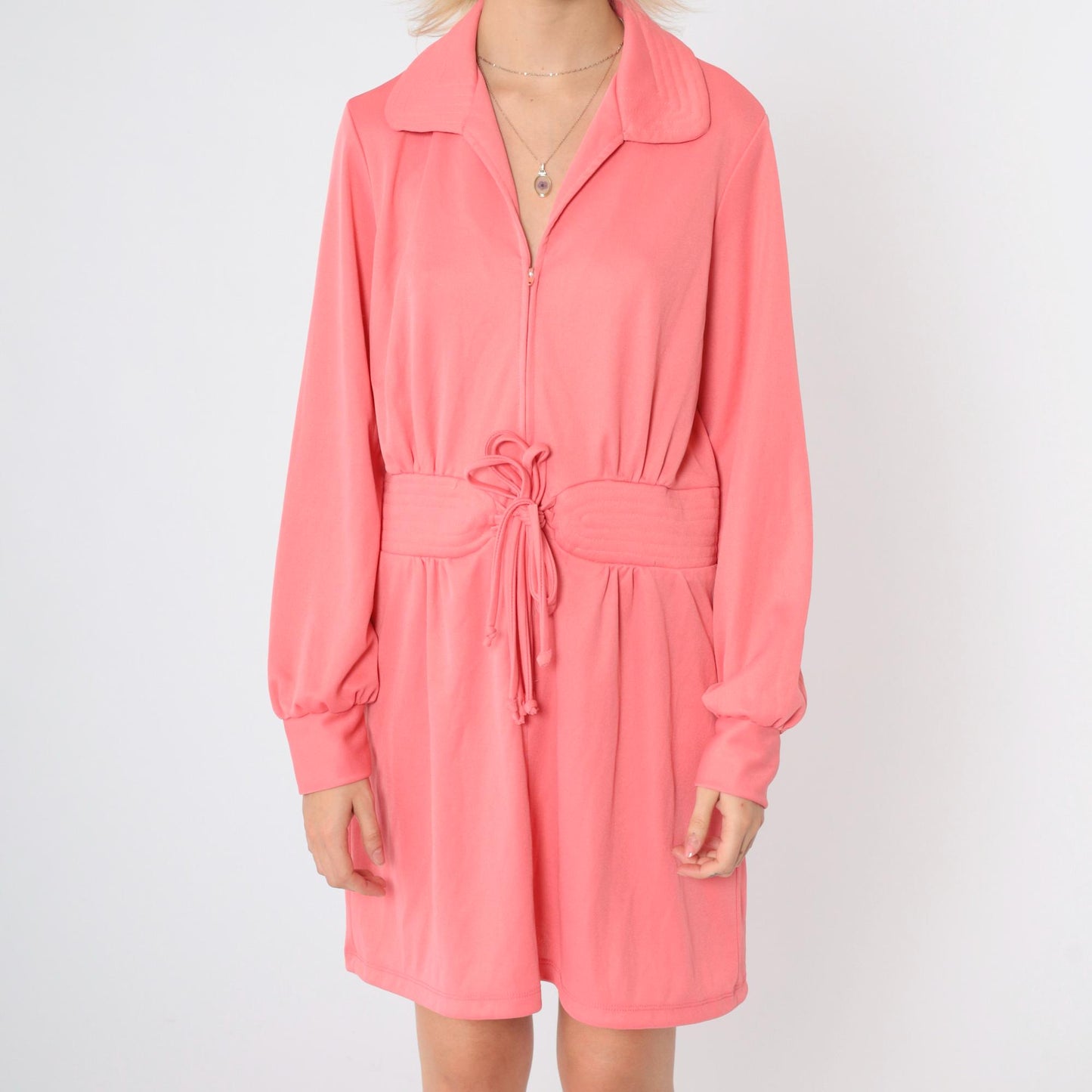 70s Pink Mod Mini Dress Zip Front Quilted Waist Long Sleeve Large
