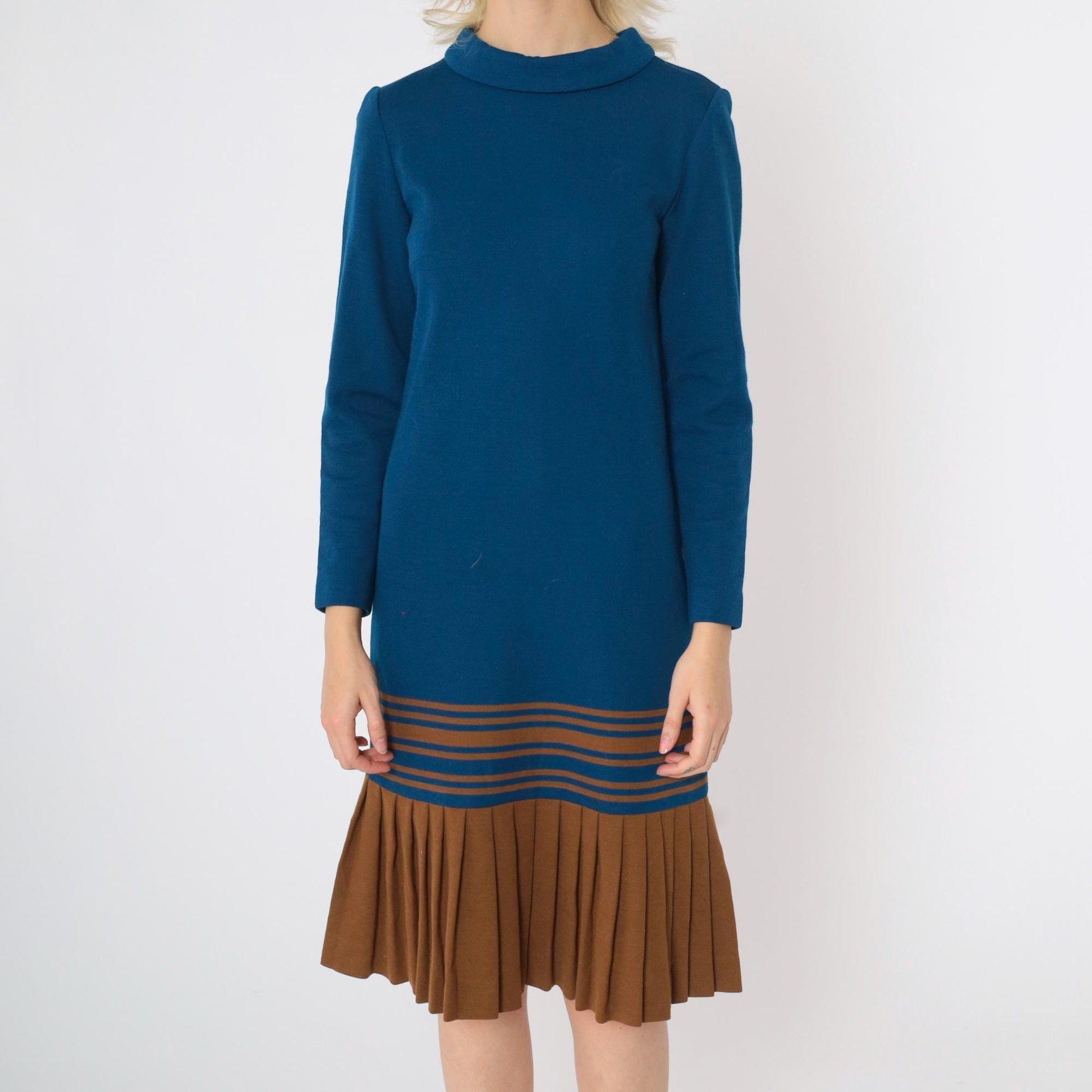 1960s Mod Scooter Dress Dark Blue Brown Striped Wool Drop Waist Small