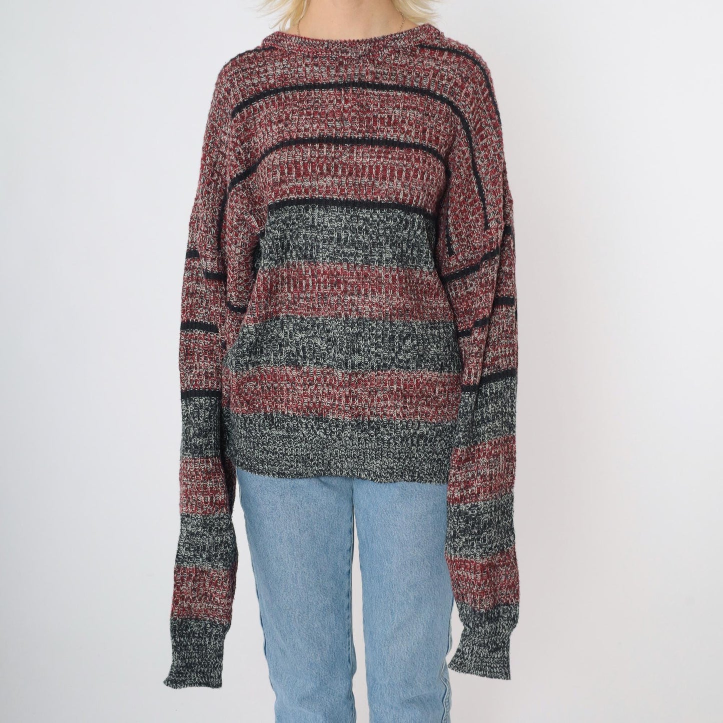 80s Wrangler Striped Knit Sweater Red Black Marled Crewneck Extra Large XL