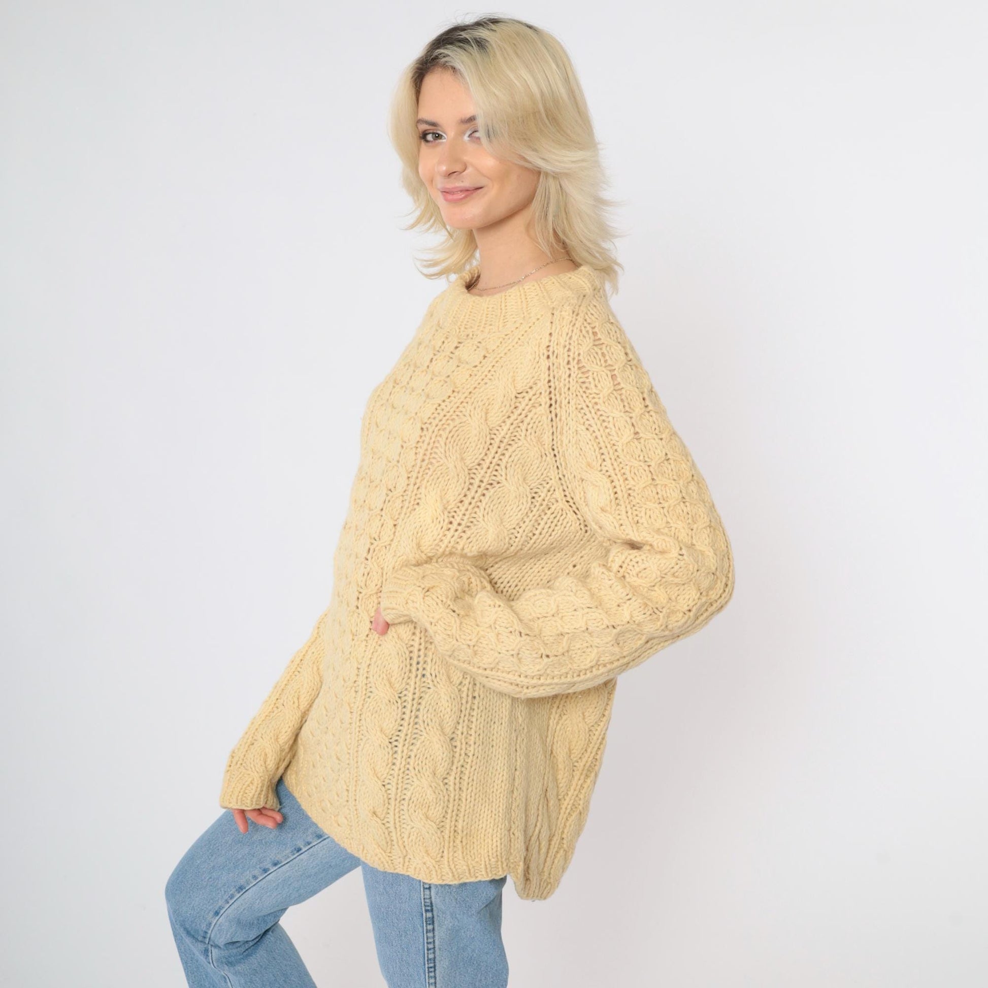 80s Yellow Cable Knit Sweater Crewneck Pullover Semi-Sheer Large L