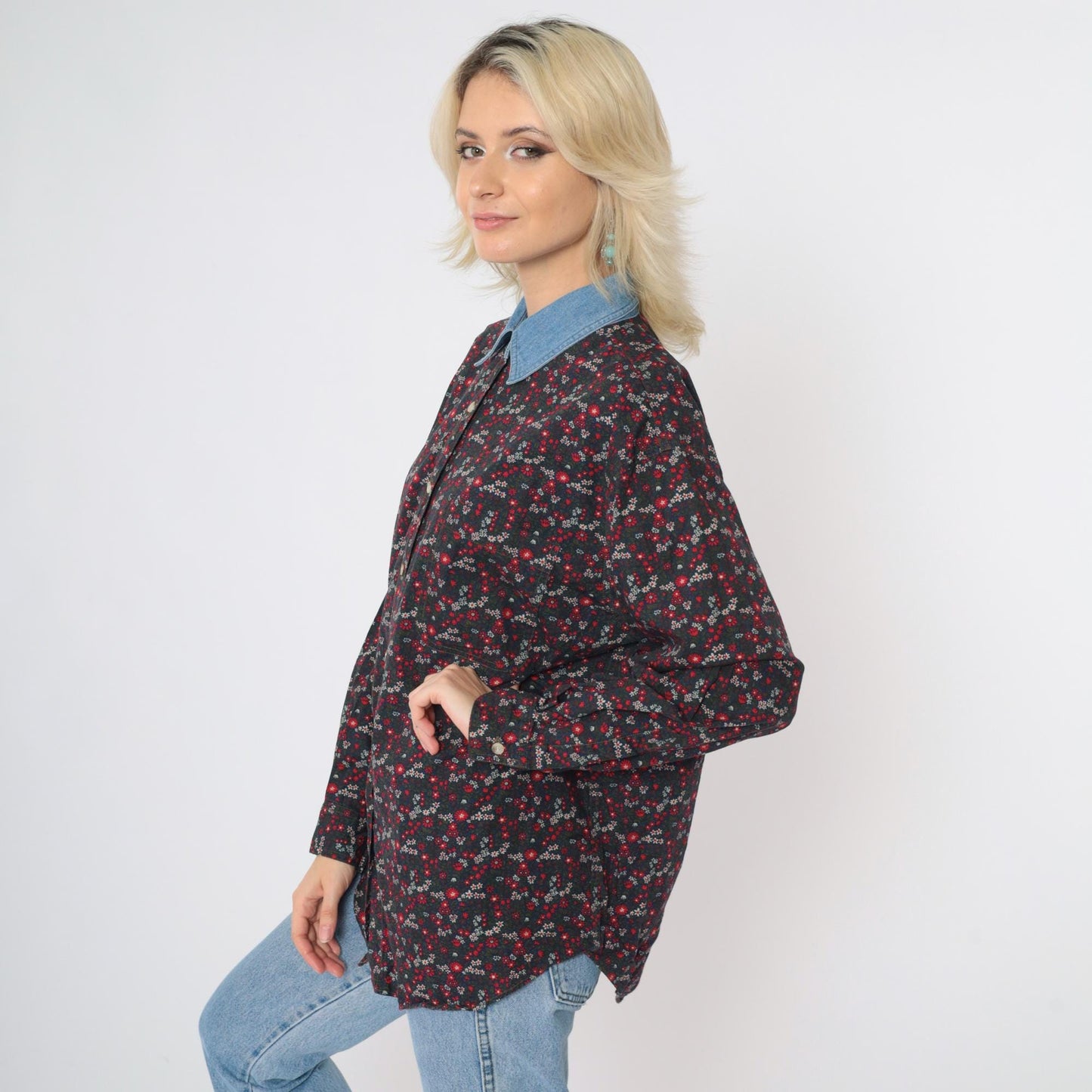 90s Floral Button-Up Blouse Red Green Blue Denim Collar Cotton Medium