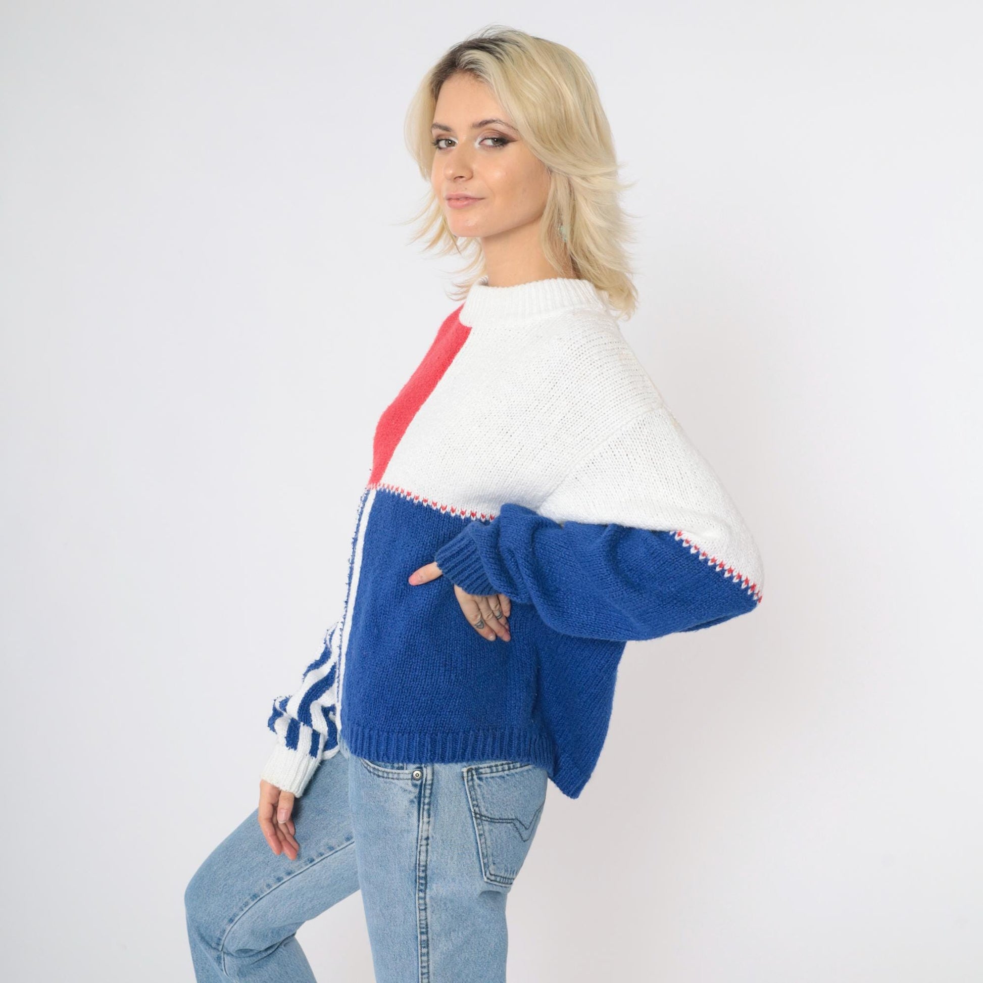 90s Lizsport Color Block Sweater Red White Blue Ramie Cotton Crewneck Medium M