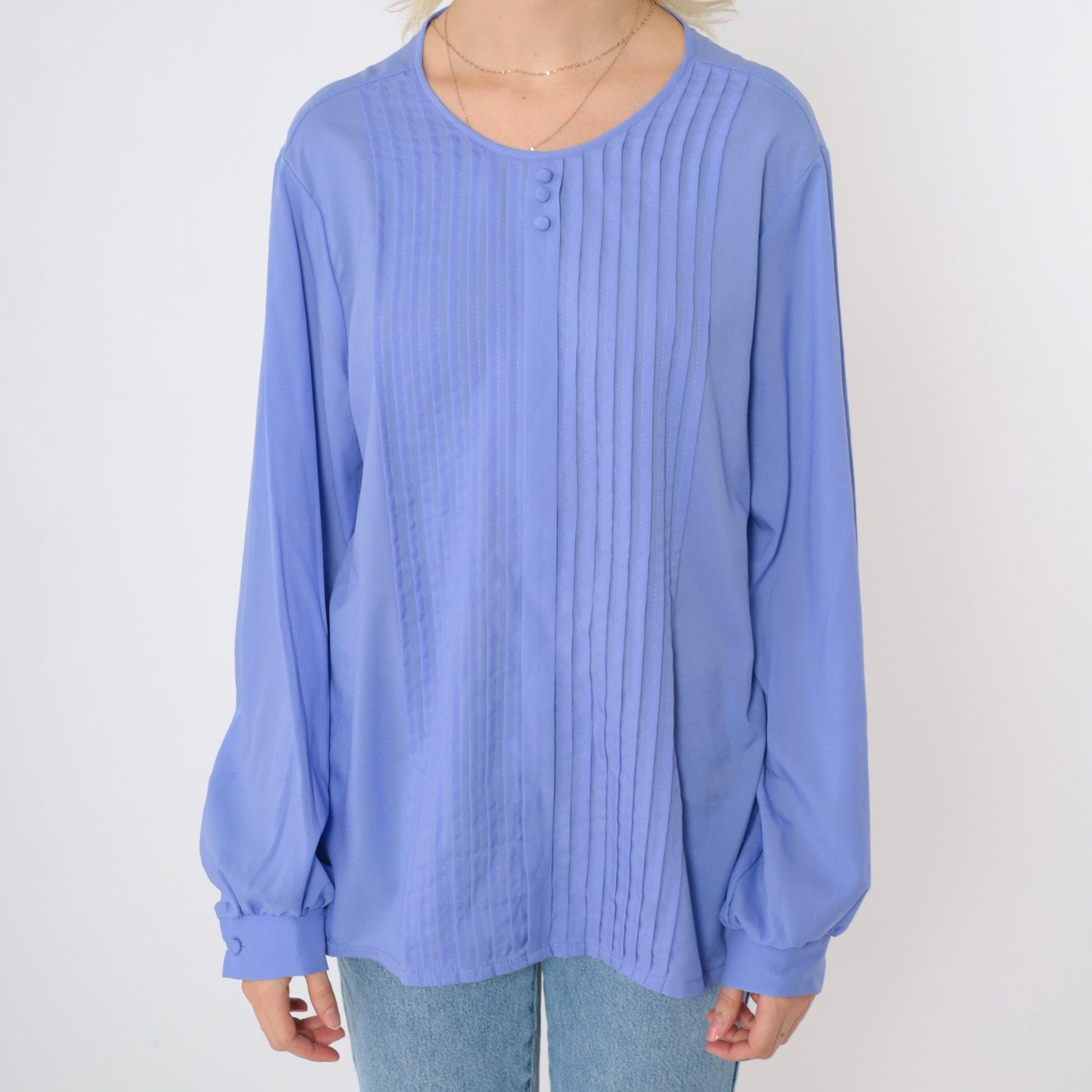 80s Periwinkle Pleated Blouse Long Sleeve Button Front Shirt Large