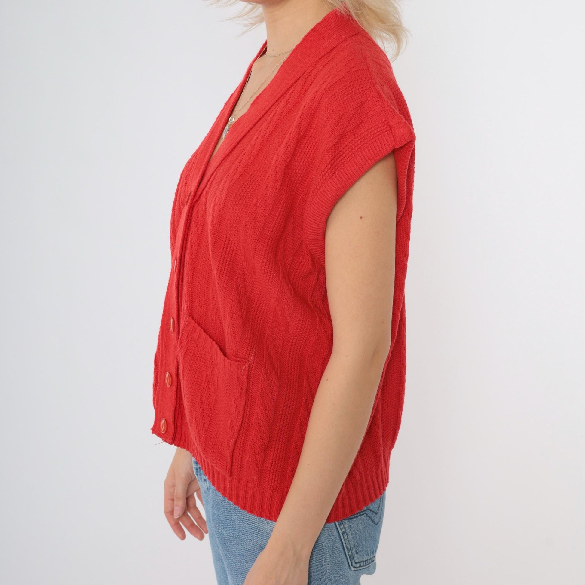 80s Red Cable Knit Vest Button-Up Cap Sleeve Top Medium Large