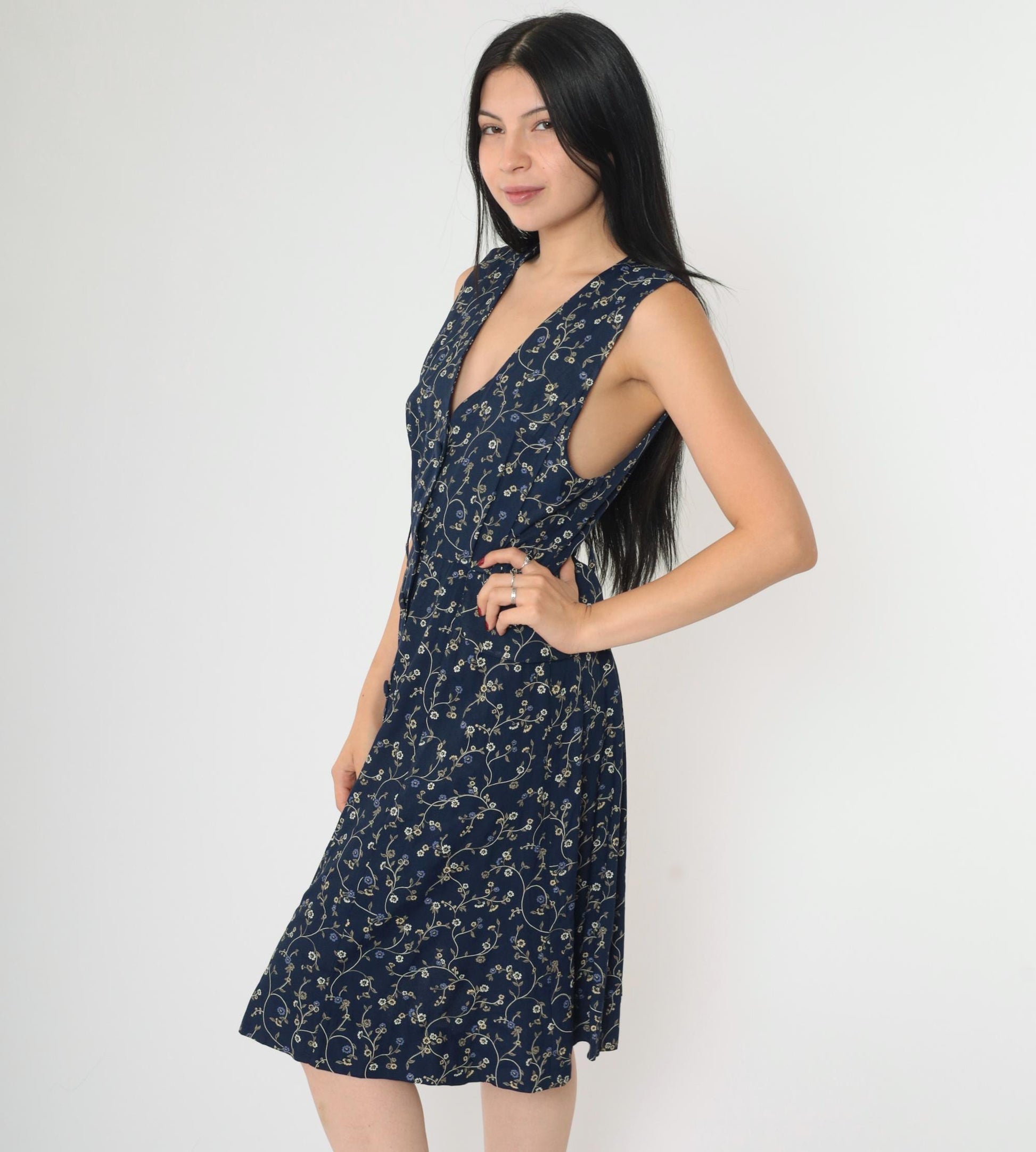 90s Navy Floral Jumper Dress Sleeveless V-Neck Mini Button-Up Small