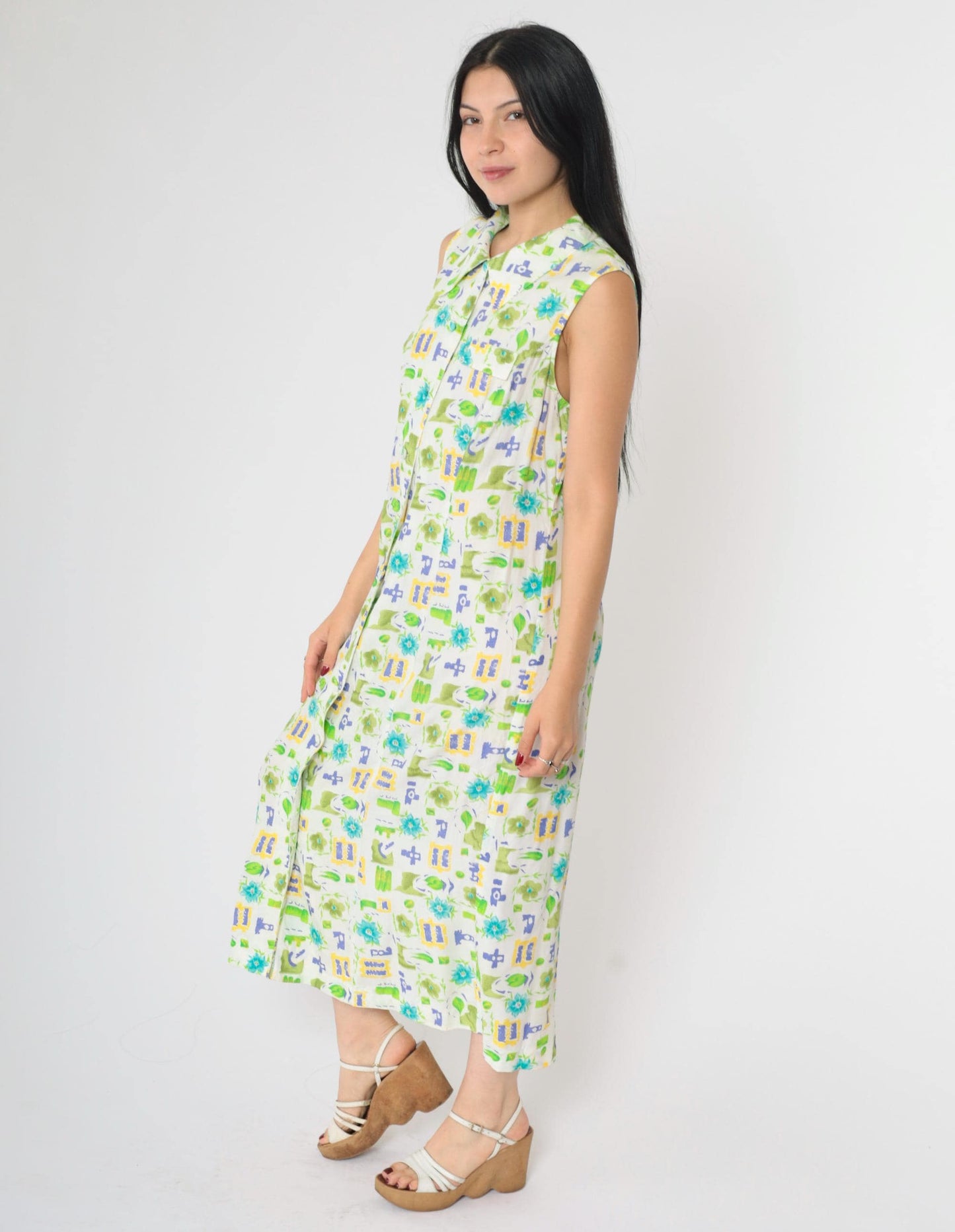 90s Floral Button-Up Dress White Green Blue Rayon Ankle Length Medium M