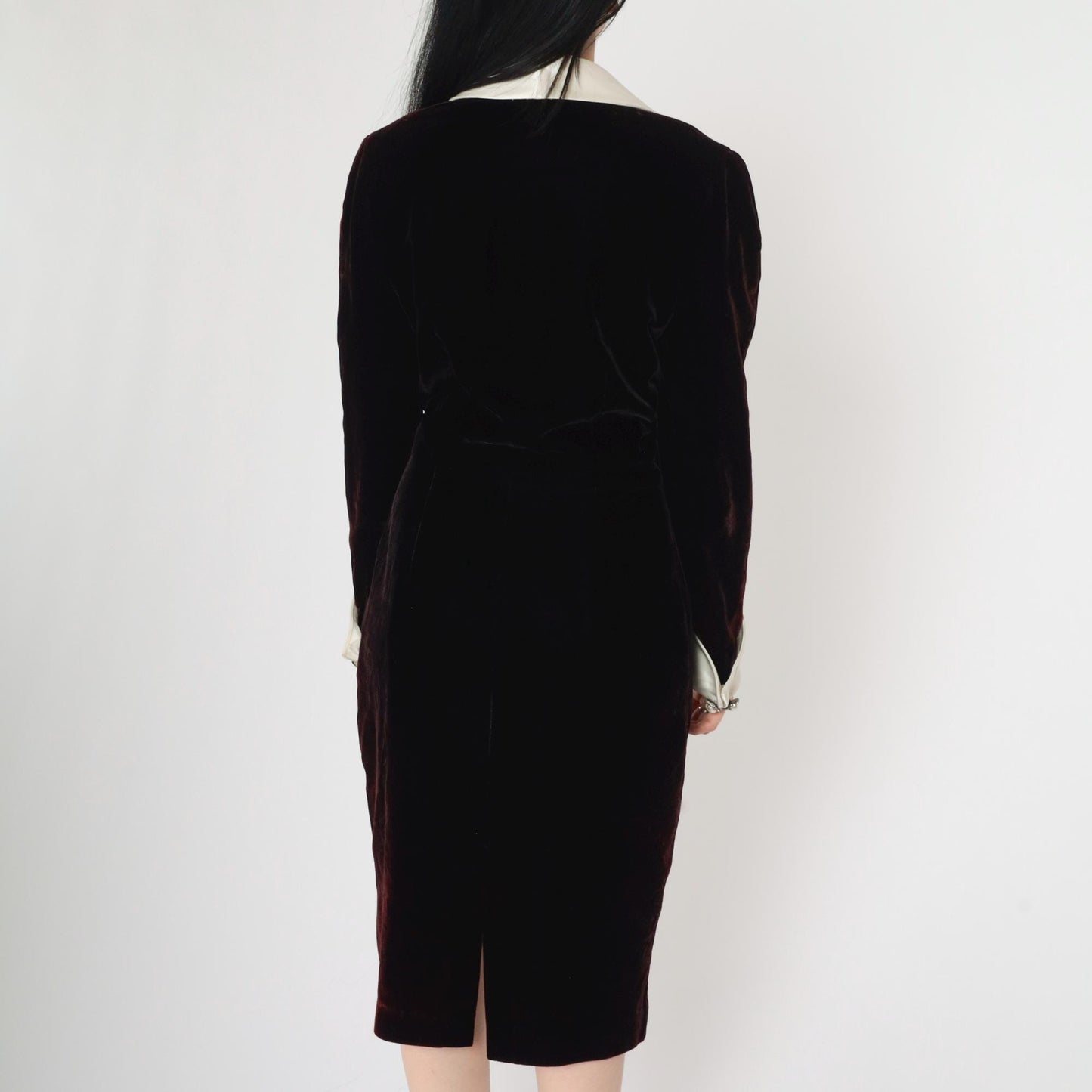 90s Black Velvet Wrap Dress White Satin Collar Deep V Midi Medium