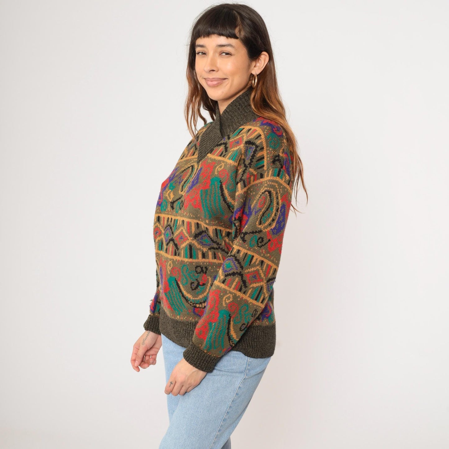 80s Meister Wool Blend Sweater Multicolor Paisley Shawl Collar Medium Large