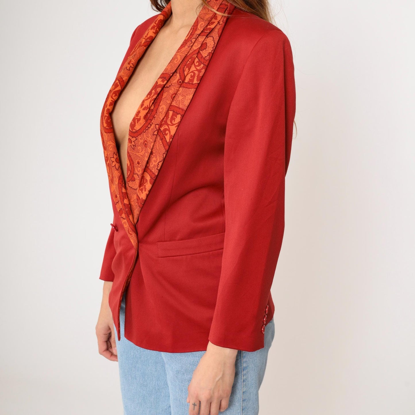 90s Byblos Red Wool Blazer Paisley Shawl Collar Double Breasted Small