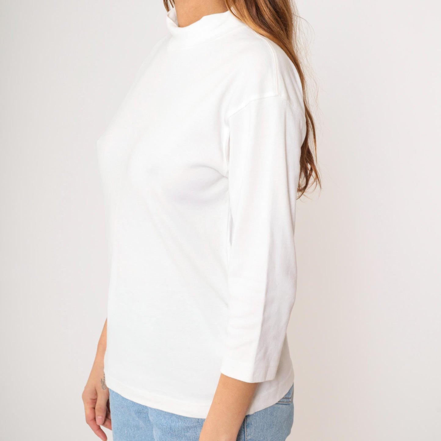 90s Norm Thompson White Mock Neck 3/4 Sleeve T-Shirt Small S