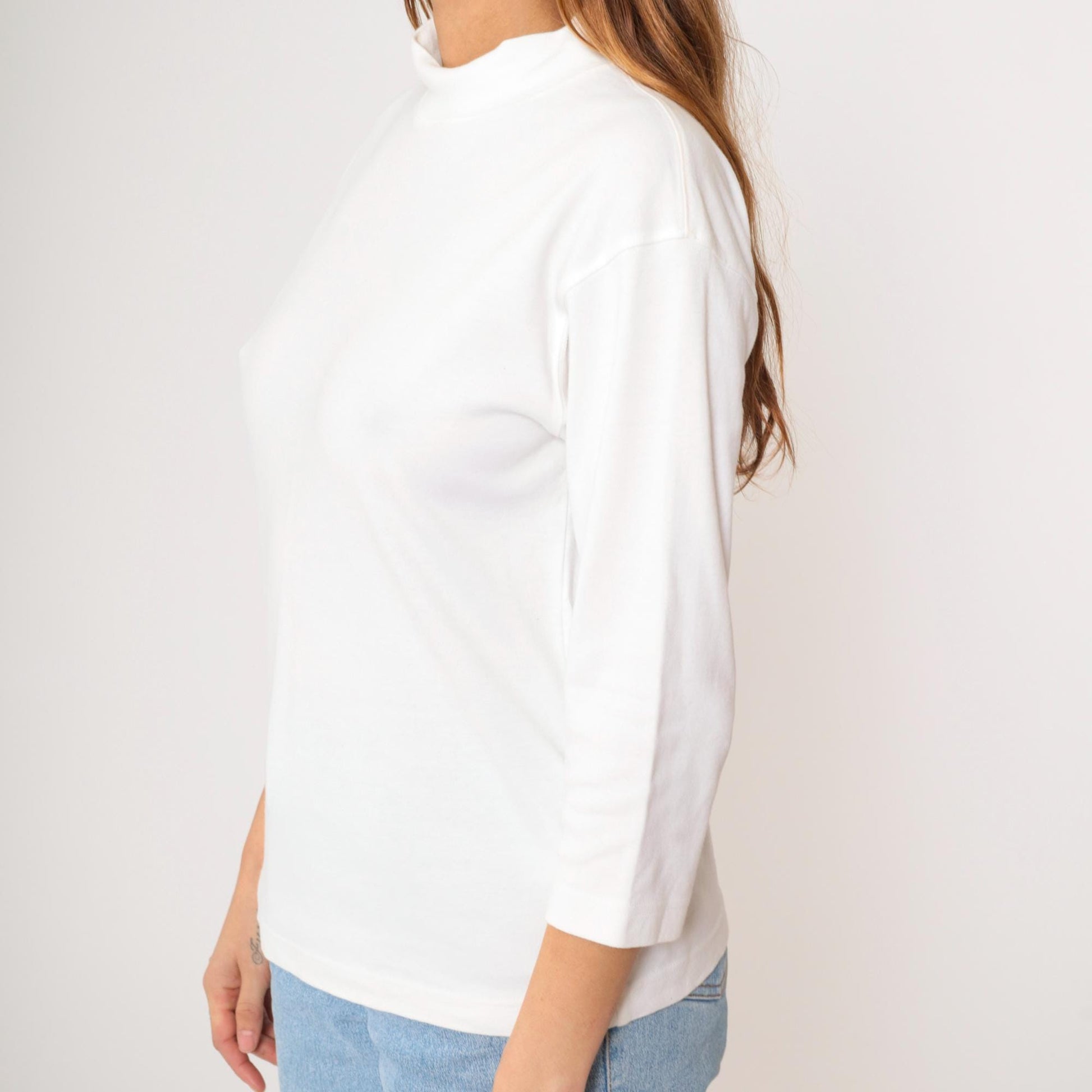 90s Norm Thompson White Mock Neck 3/4 Sleeve T-Shirt Small S