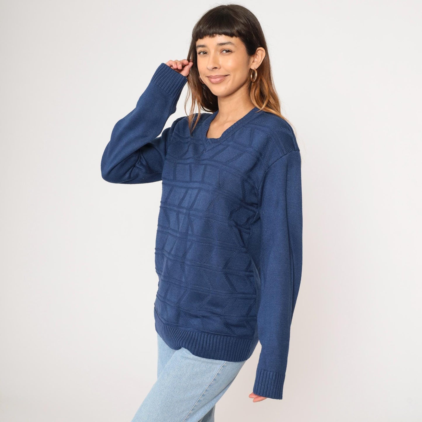 80s Dark Blue Geometric Knit V-Neck Pullover Sweater Tricot Medium M