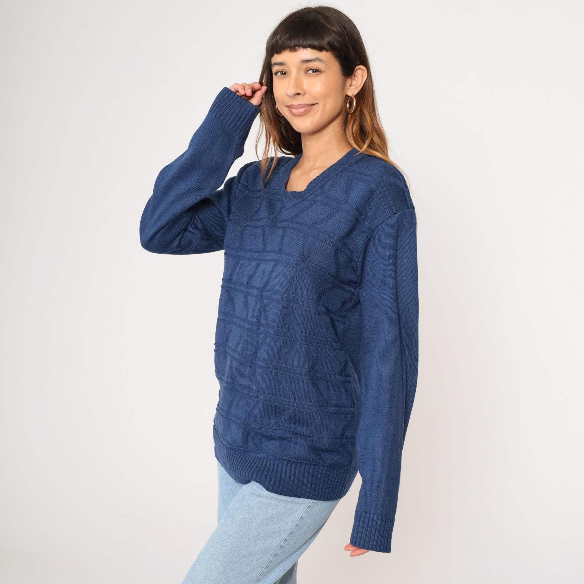 80s Dark Blue Geometric Knit V-Neck Pullover Sweater Tricot Medium M