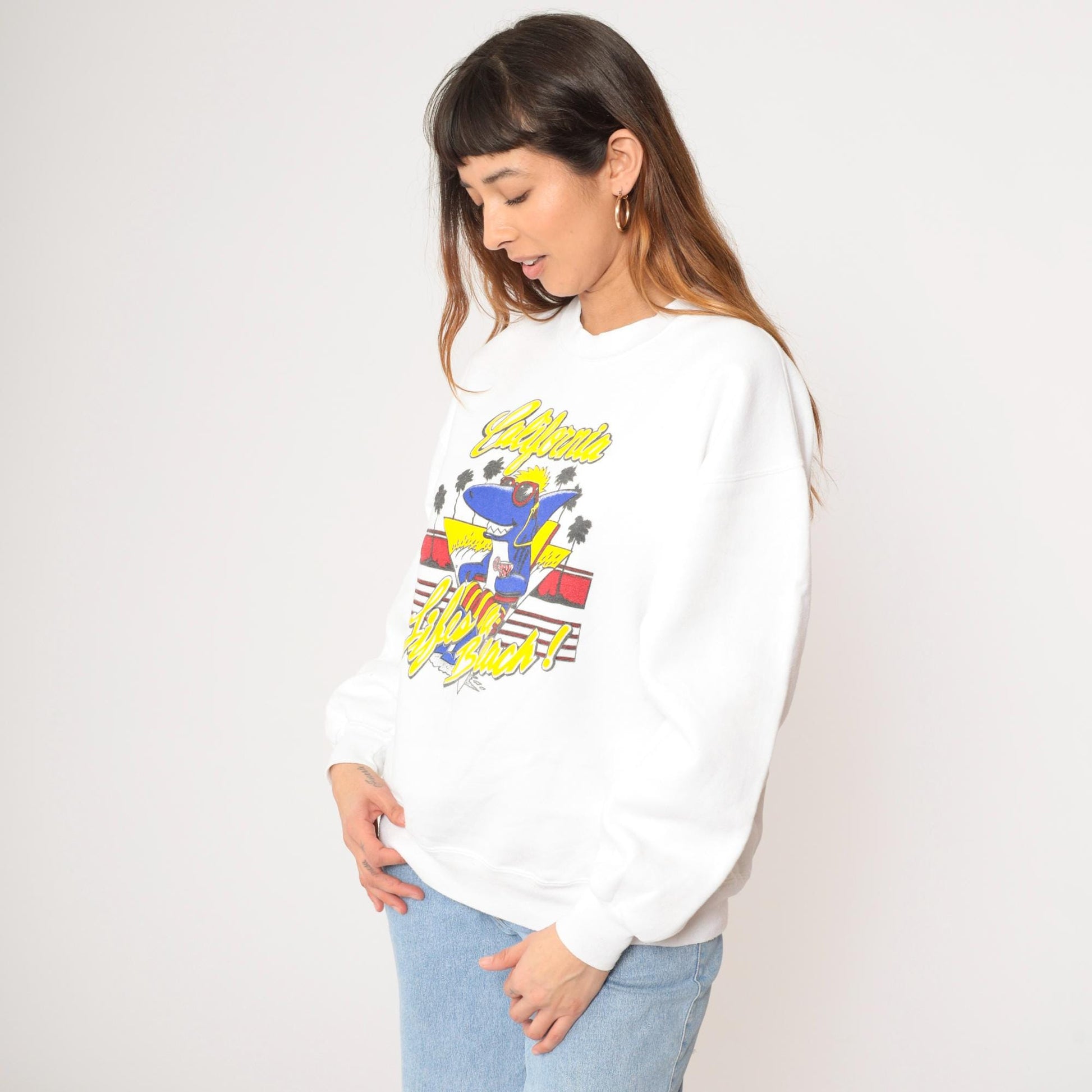 80s California Shark Sweatshirt Life's a Beach Graphic White Crewneck Extra Large XL