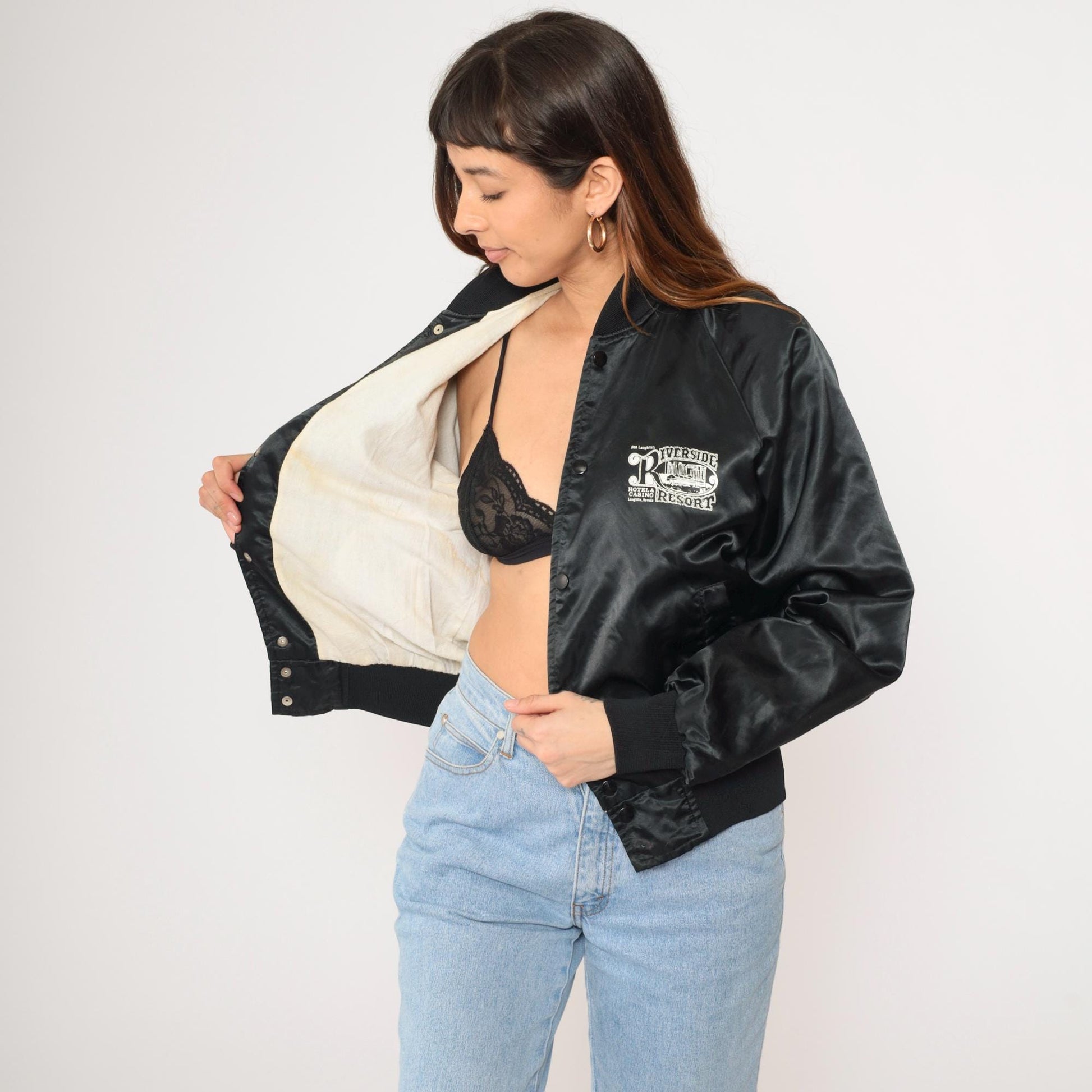 90s Riverside Resort Laughlin Nevada Satin Bomber Jacket Black Snap Small