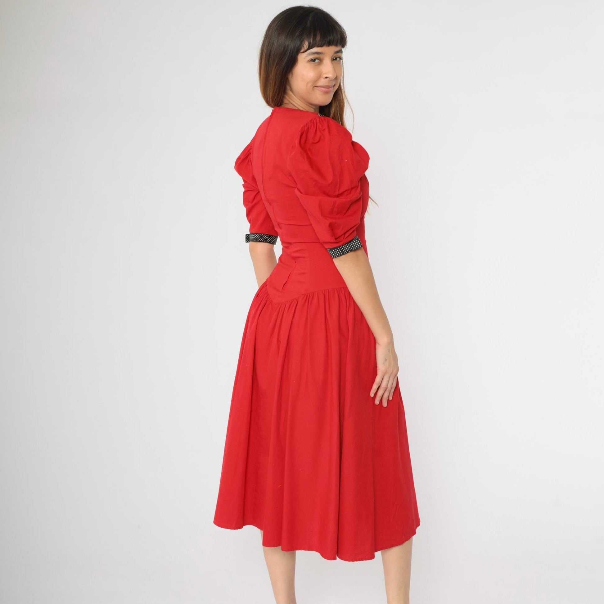 80s Red Nautical Sailor Collar Puff Sleeve Midi Dress Polka Dot Bow Small